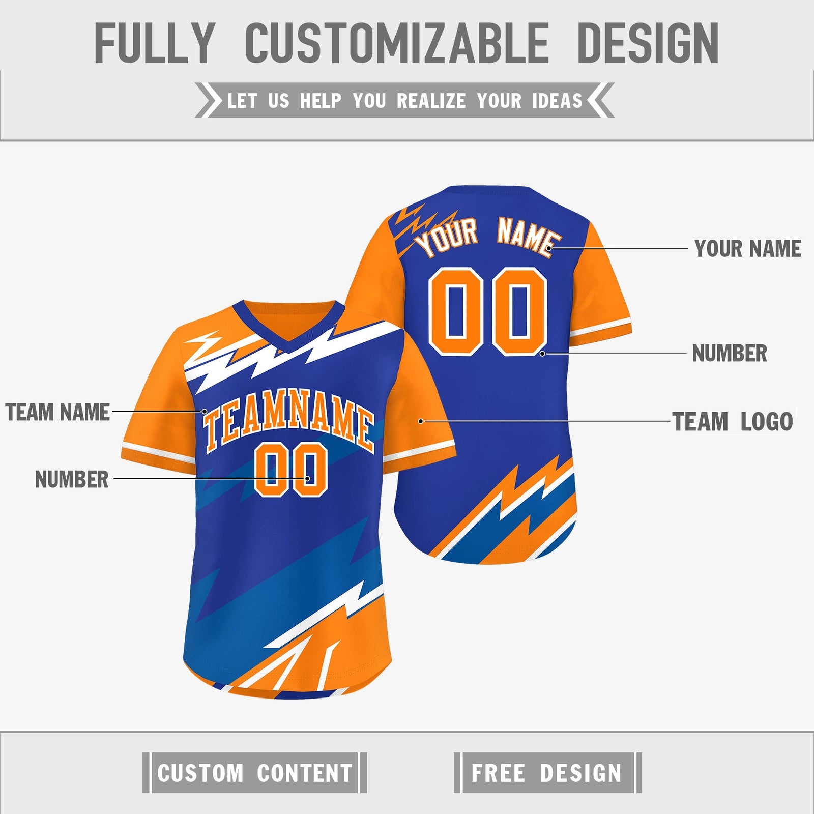 Custom Royal Blue Orange Royal Reversible Tops Lightning Pattern Graffiti Pattern Pullover V-Neck Baseball Jersey| KXKSHOP