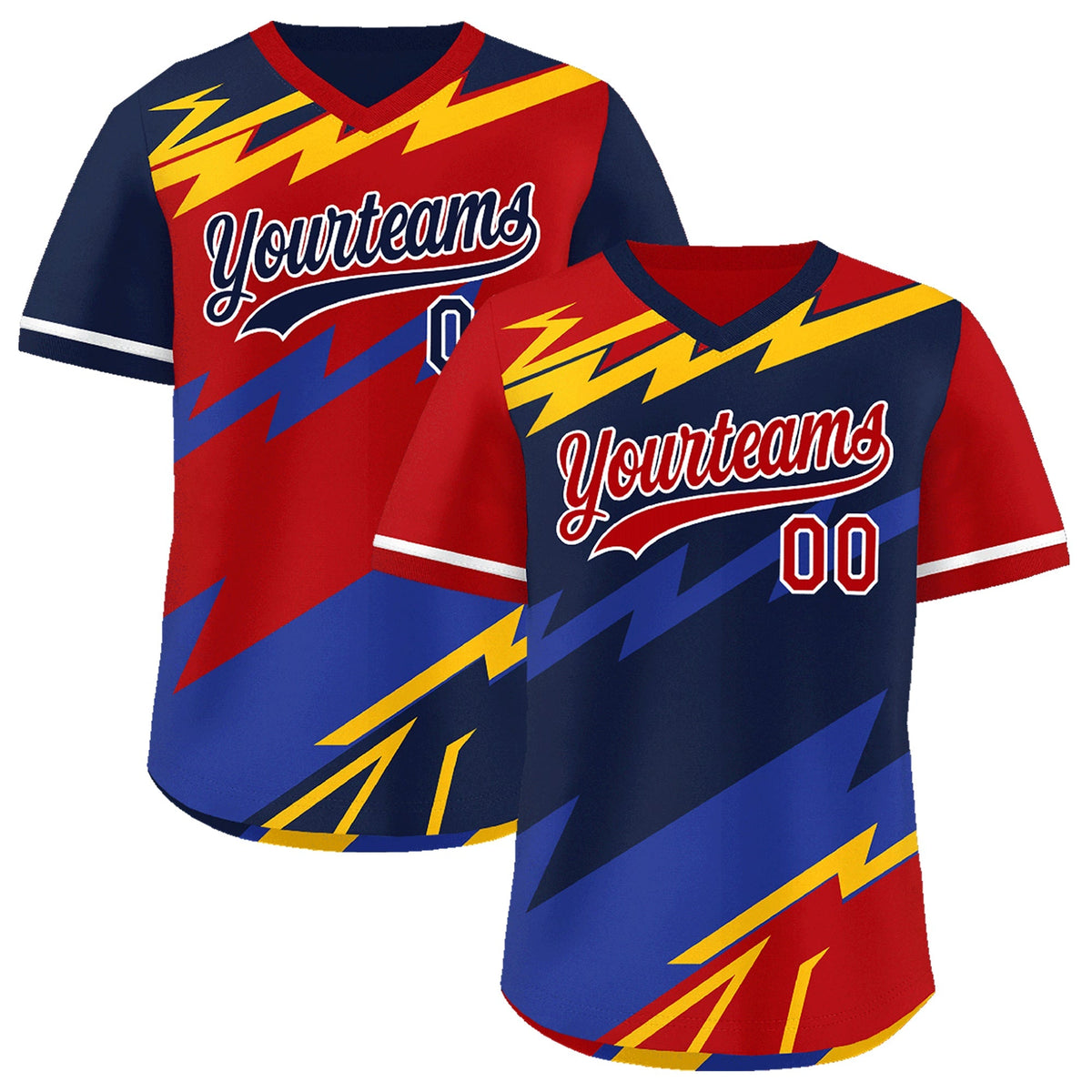 Custom Navy Red Yellow Reversible Tops Lightning Pattern Graffiti Pattern Pullover V-Neck Baseball Jersey| KXKSHOP