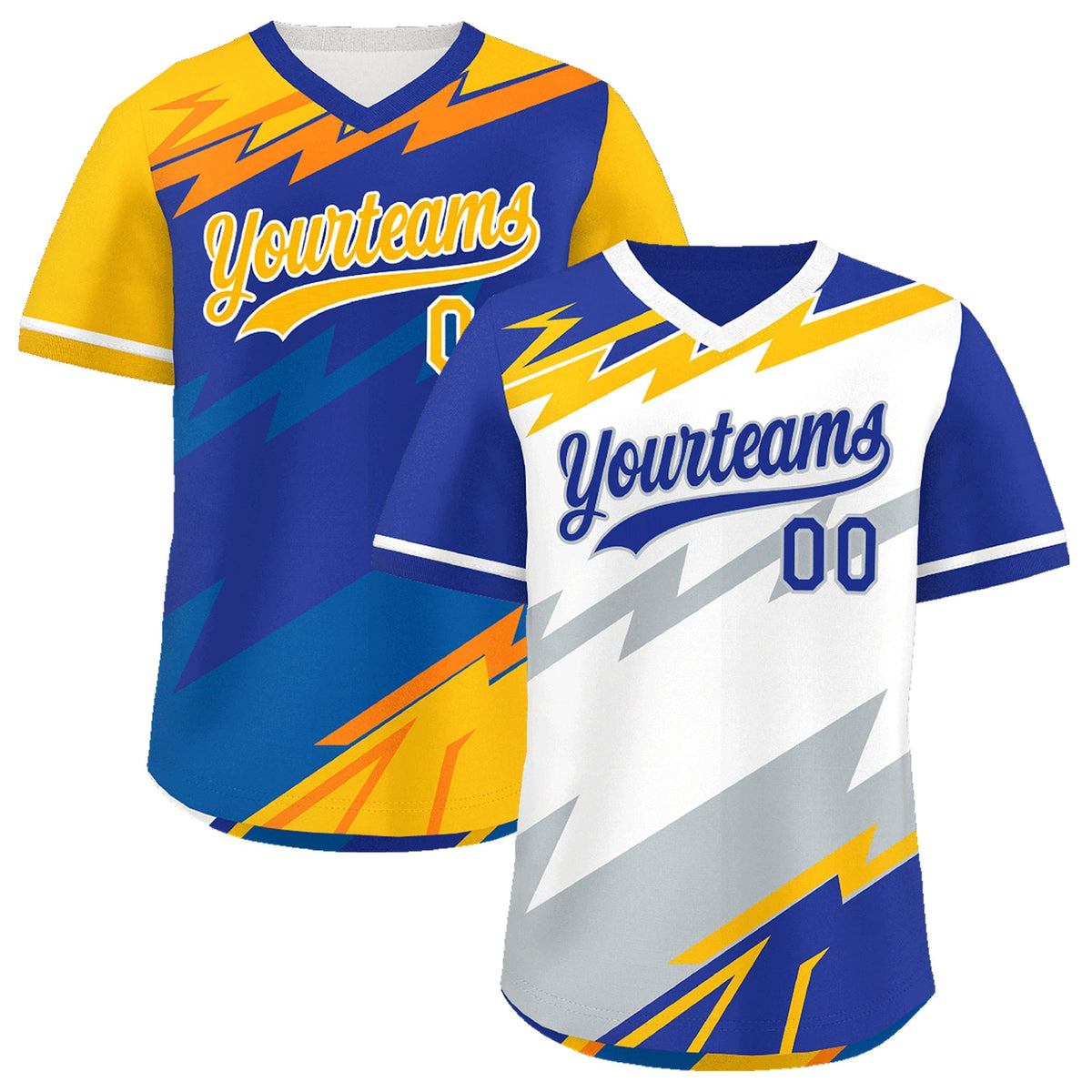Custom White Royal Blue Silver Reversible Tops Lightning Pattern Graffiti Pattern Pullover V-Neck Baseball Jersey| KXKSHOP