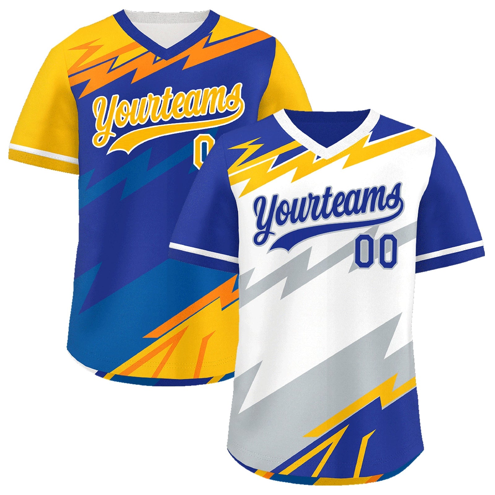 Custom White Royal Blue Silver Reversible Tops Lightning Pattern Graffiti Pattern Pullover V-Neck Baseball Jersey| KXKSHOP