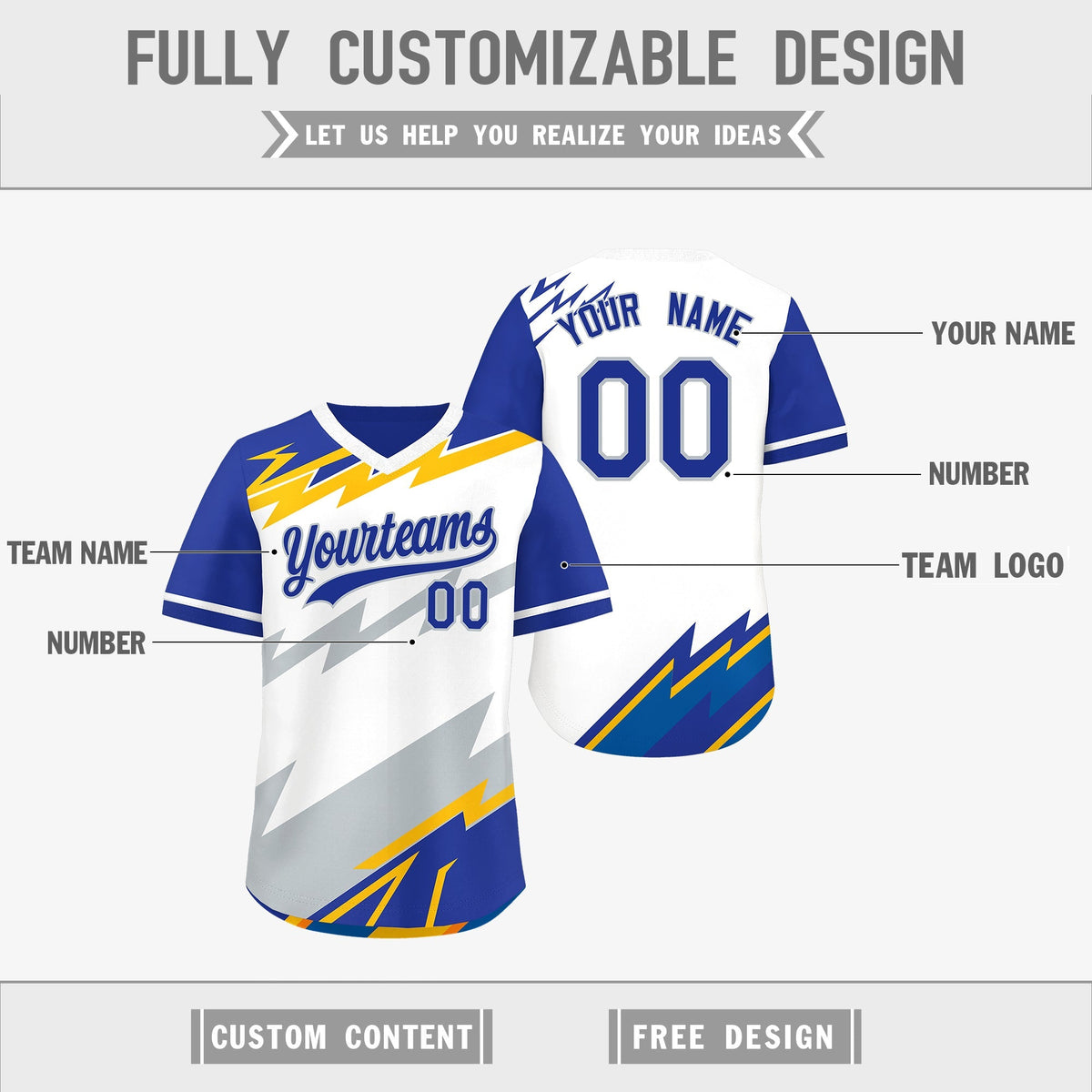 Custom White Royal Blue Silver Reversible Tops Lightning Pattern Graffiti Pattern Pullover V-Neck Baseball Jersey| KXKSHOP