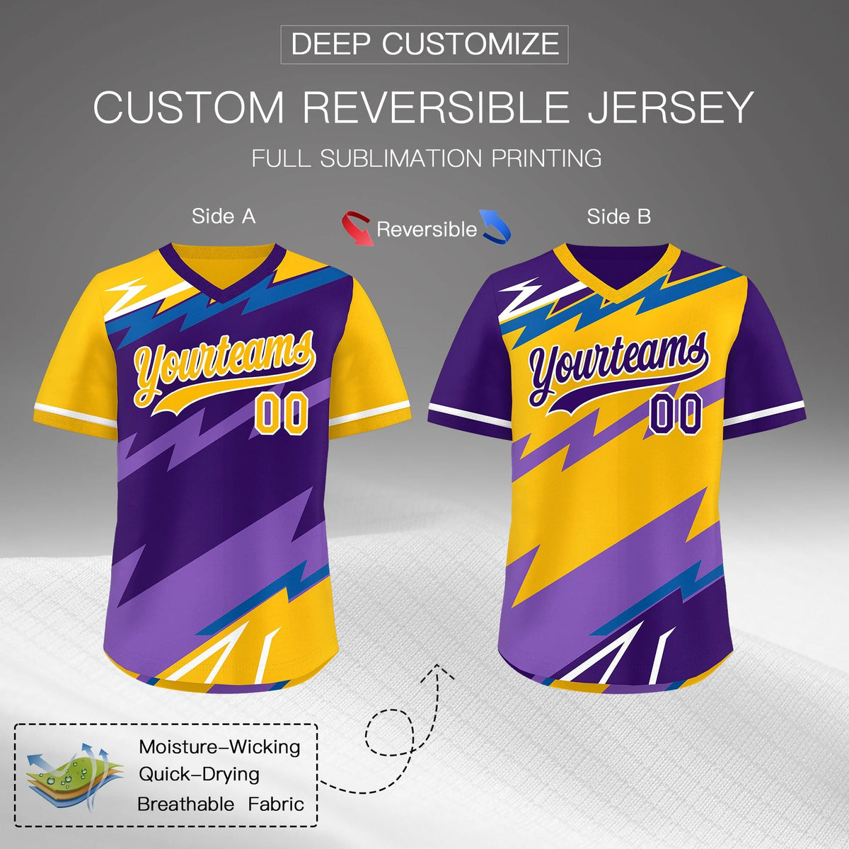 Custom Purple Royal Yellow Reversible Tops Lightning Pattern Graffiti Pattern Pullover V-Neck Baseball Jersey| KXKSHOP