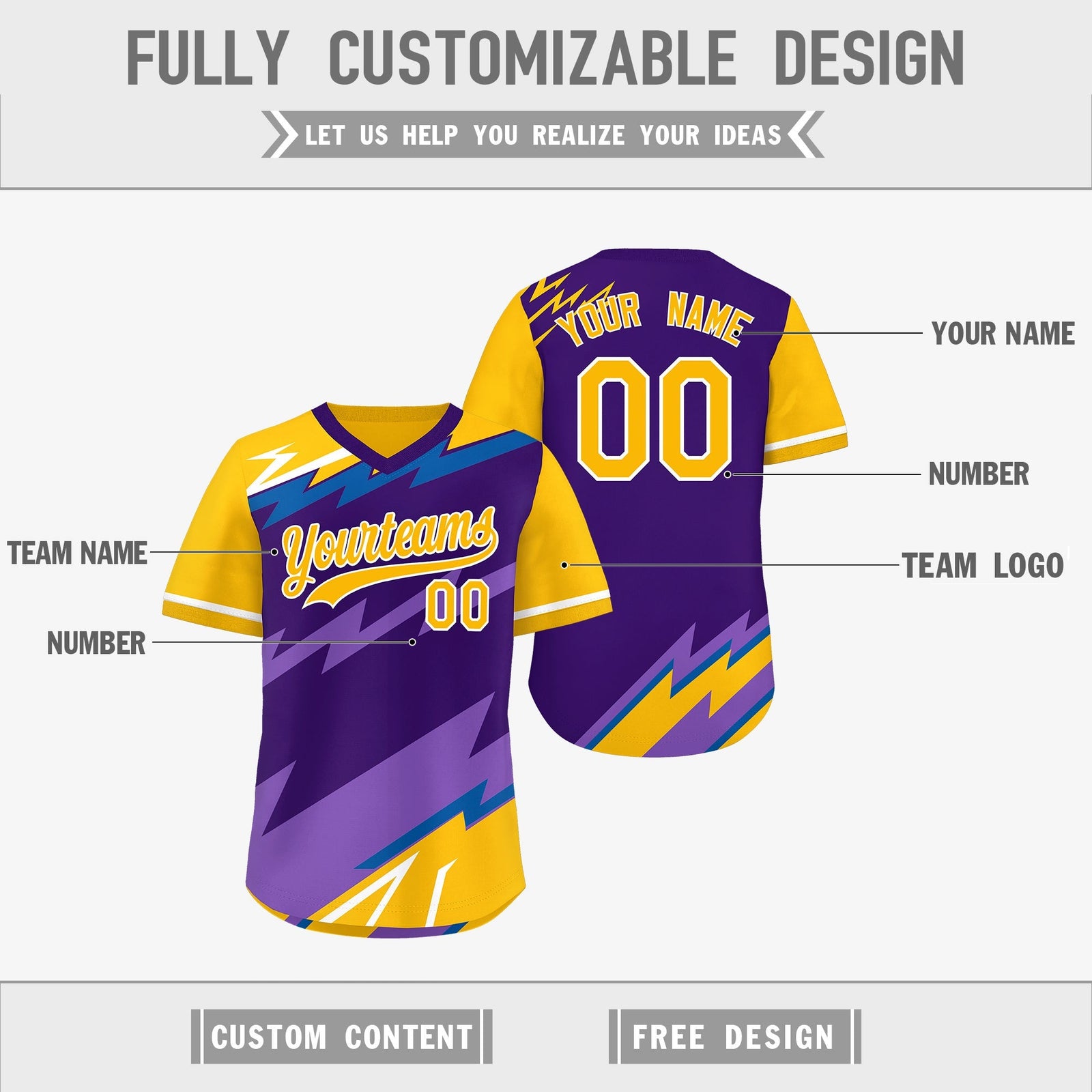 Custom Purple Royal Yellow Reversible Tops Lightning Pattern Graffiti Pattern Pullover V-Neck Baseball Jersey| KXKSHOP