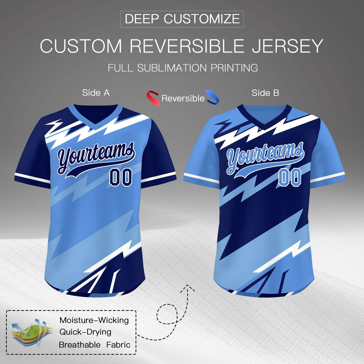 Custom Light Blue Powder Blue White Reversible Tops Lightning Pattern Graffiti Pattern Pullover V-Neck Baseball Jersey| KXKSHOP