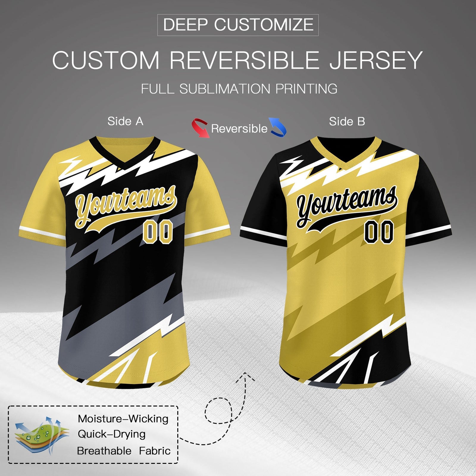 Custom Black Old Gold Gray Reversible Tops Lightning Pattern Graffiti Pattern Pullover V-Neck Baseball Jersey| KXKSHOP