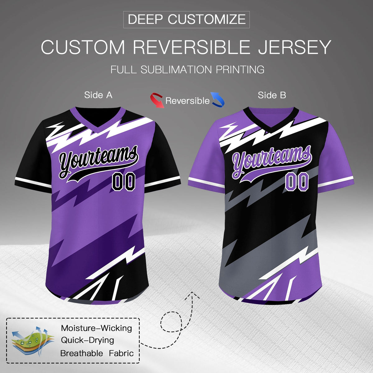 Custom Purple Black White Reversible Tops Lightning Pattern Graffiti Pattern Pullover V-Neck Baseball Jersey| KXKSHOP
