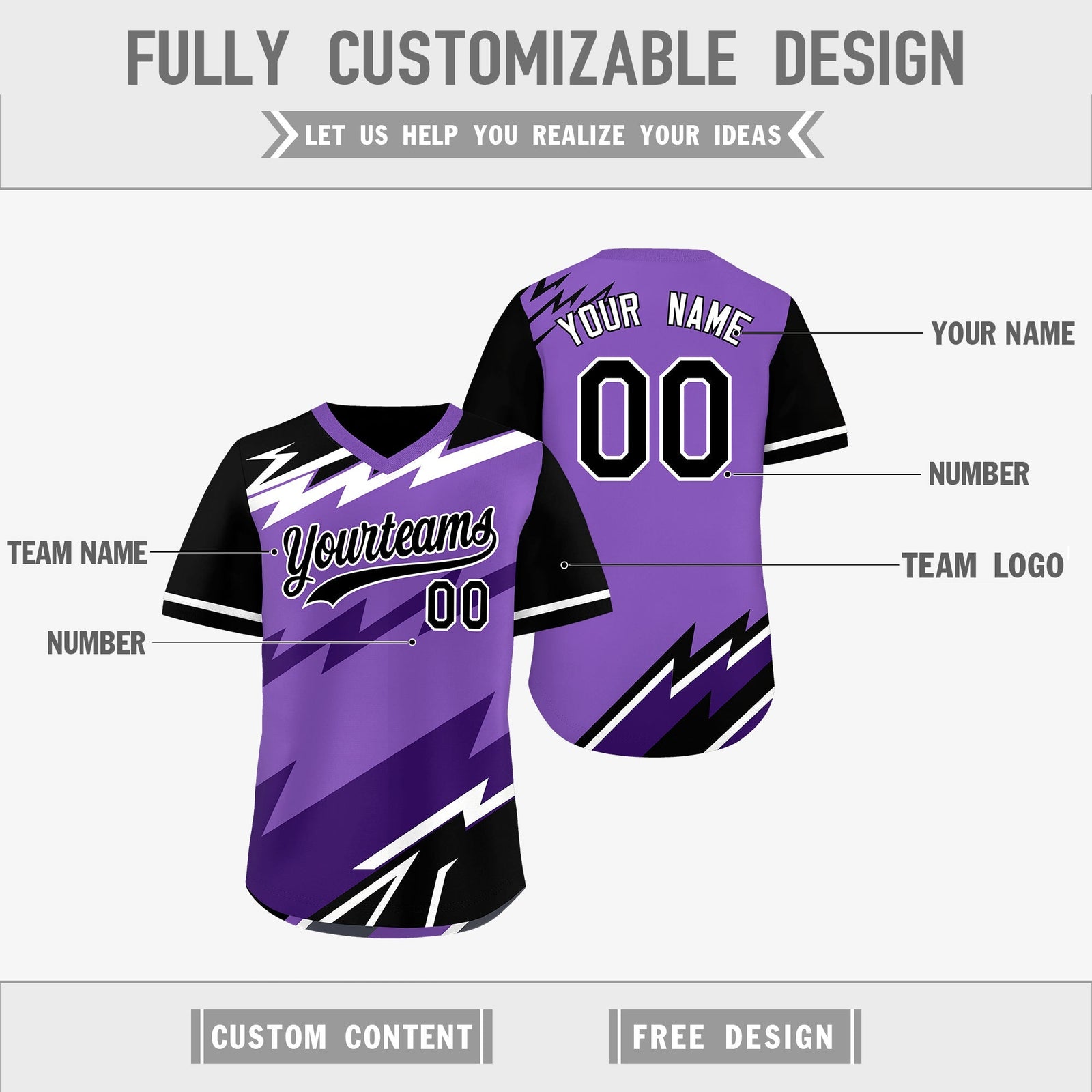 Custom Purple Black White Reversible Tops Lightning Pattern Graffiti Pattern Pullover V-Neck Baseball Jersey| KXKSHOP