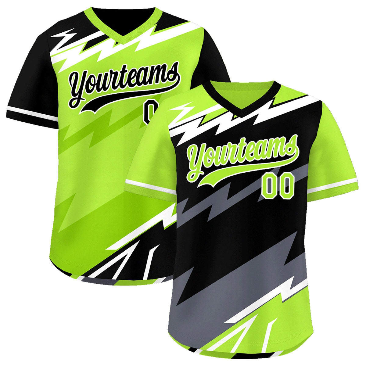 Custom Black Neon Green Gray Reversible Tops Lightning Pattern Graffiti Pattern Pullover V-Neck Baseball Jersey| KXKSHOP