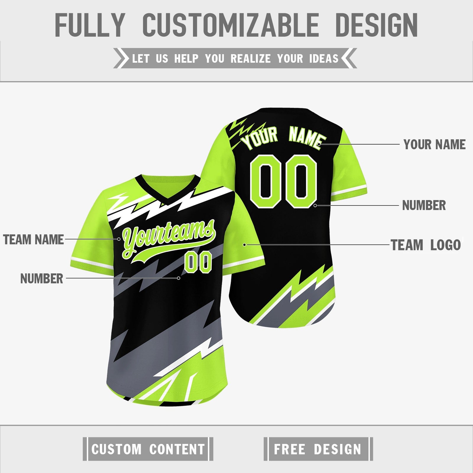 Custom Black Neon Green Gray Reversible Tops Lightning Pattern Graffiti Pattern Pullover V-Neck Baseball Jersey| KXKSHOP