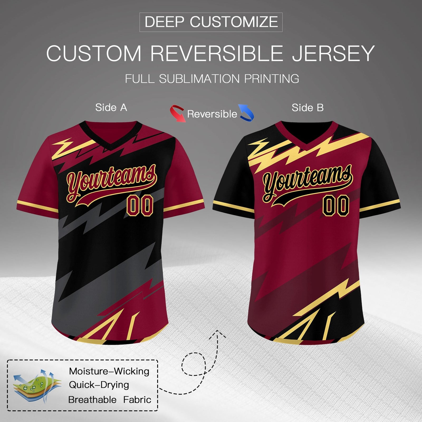 Custom Black Gray Crimson Reversible Tops Lightning Pattern Graffiti Pattern Pullover V-Neck Baseball Jersey| KXKSHOP