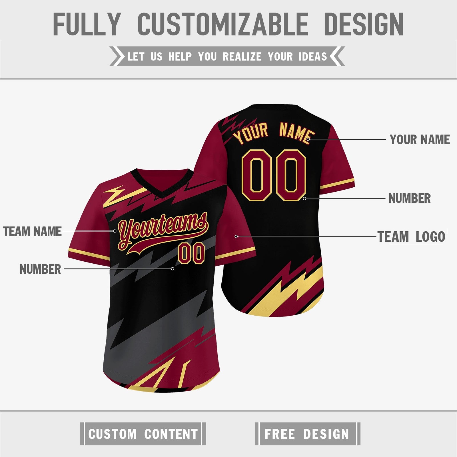 Custom Black Gray Crimson Reversible Tops Lightning Pattern Graffiti Pattern Pullover V-Neck Baseball Jersey| KXKSHOP