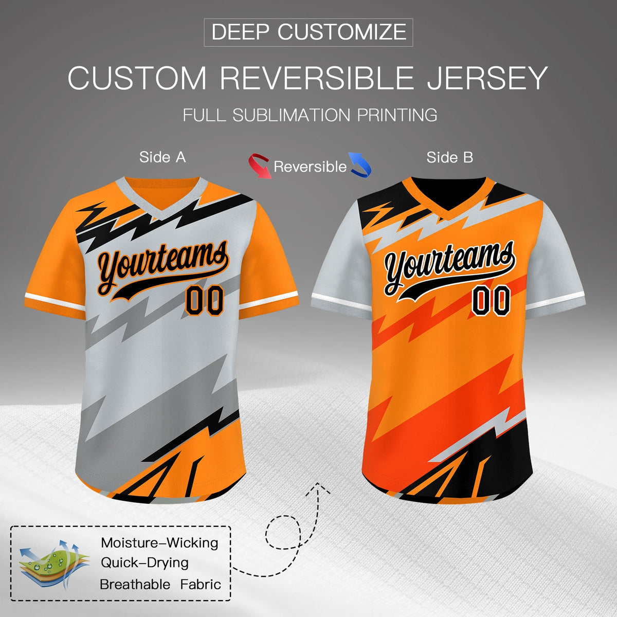 Custom Silver Orange Gray Reversible Tops Lightning Pattern Graffiti Pattern Pullover V-Neck Baseball Jersey| KXKSHOP