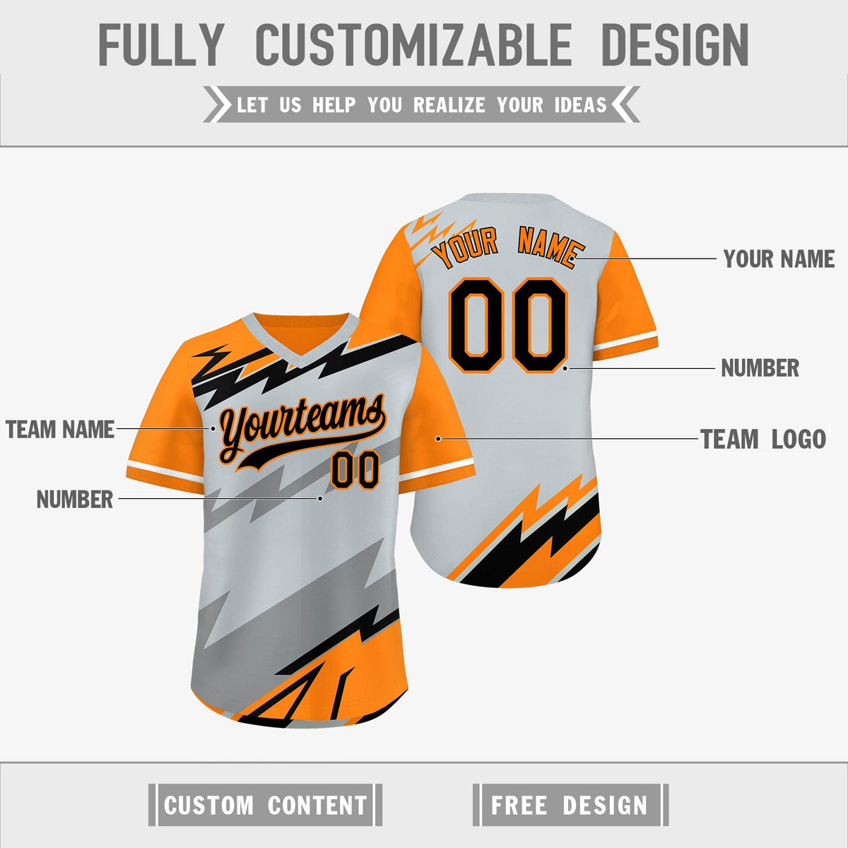 Custom Silver Orange Gray Reversible Tops Lightning Pattern Graffiti Pattern Pullover V-Neck Baseball Jersey| KXKSHOP