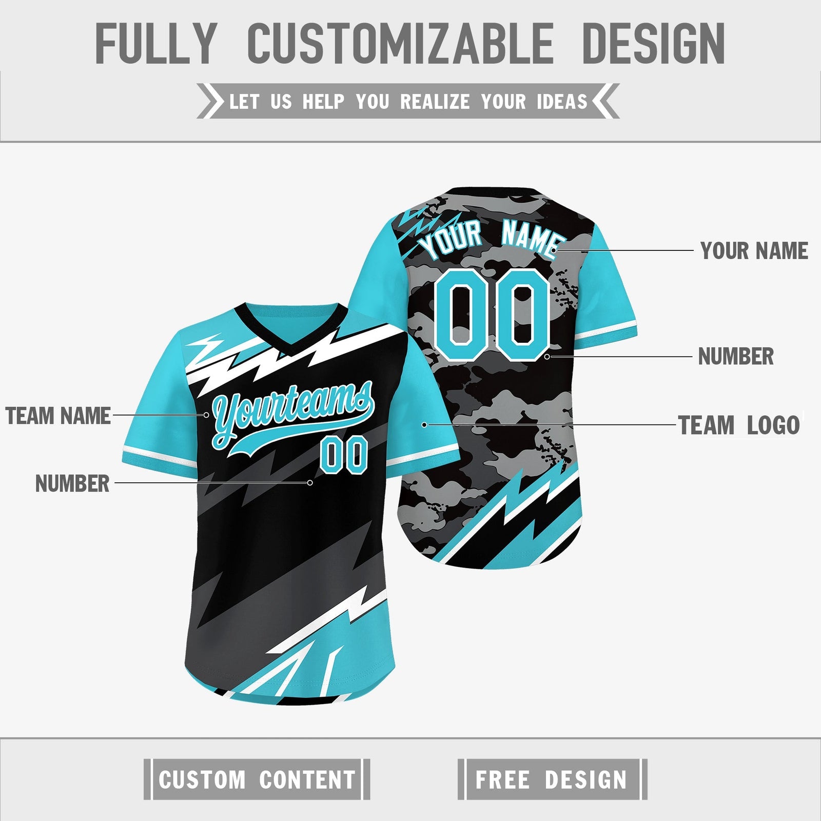 Custom Black Sky Blue Gray Reversible Tops Lightning Pattern Graffiti Pattern Pullover V-Neck Baseball Jersey| KXKSHOP