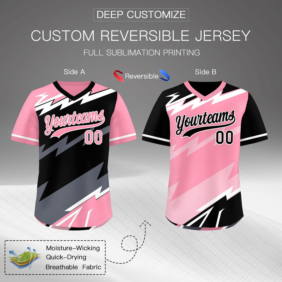 Custom Black Light Pink Gray Reversible Tops Lightning Pattern Graffiti Pattern Pullover V-Neck Baseball Jersey| KXKSHOP