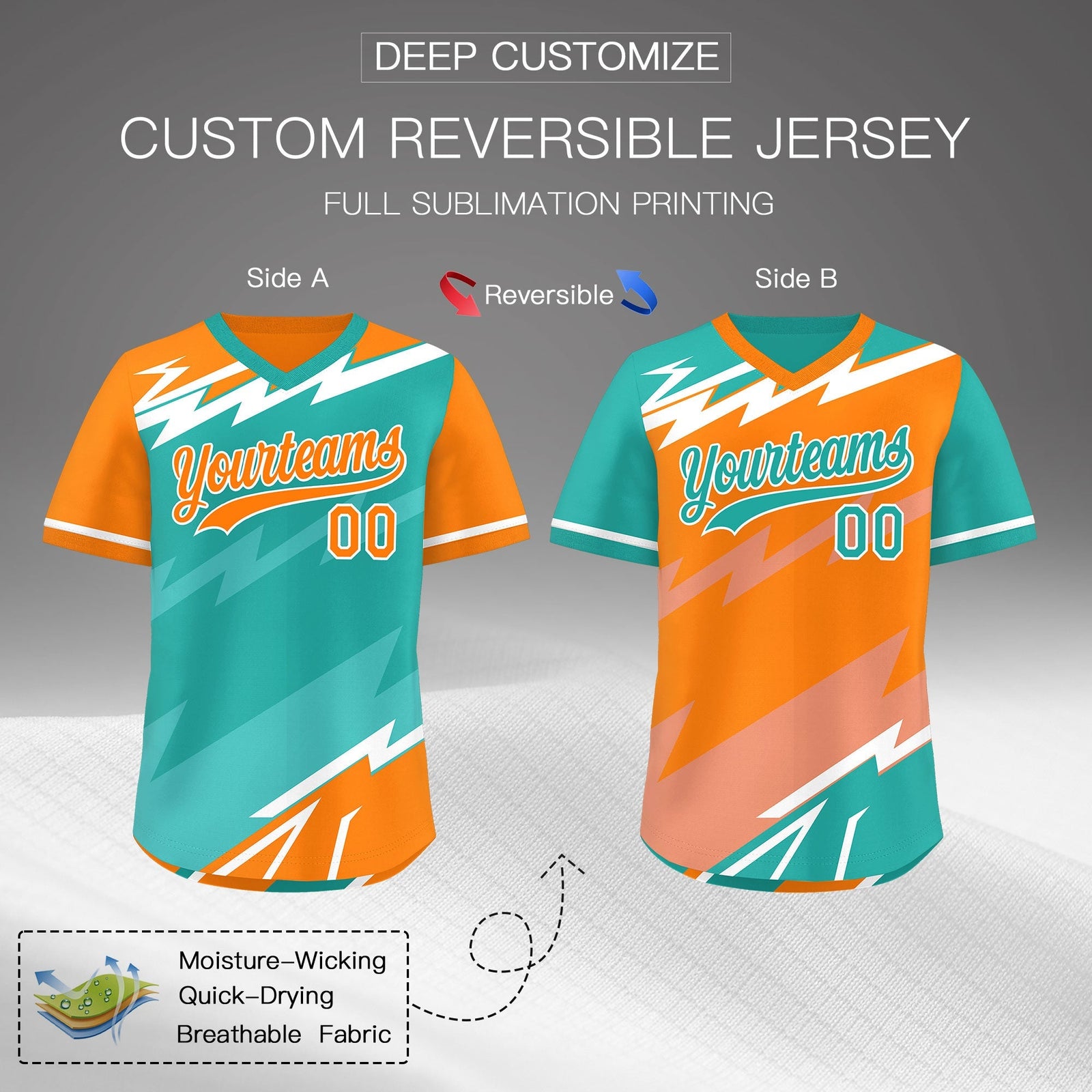 Custom Aqua Orange Teal Reversible Tops Lightning Pattern Graffiti Pattern Pullover V-Neck Baseball Jersey| KXKSHOP