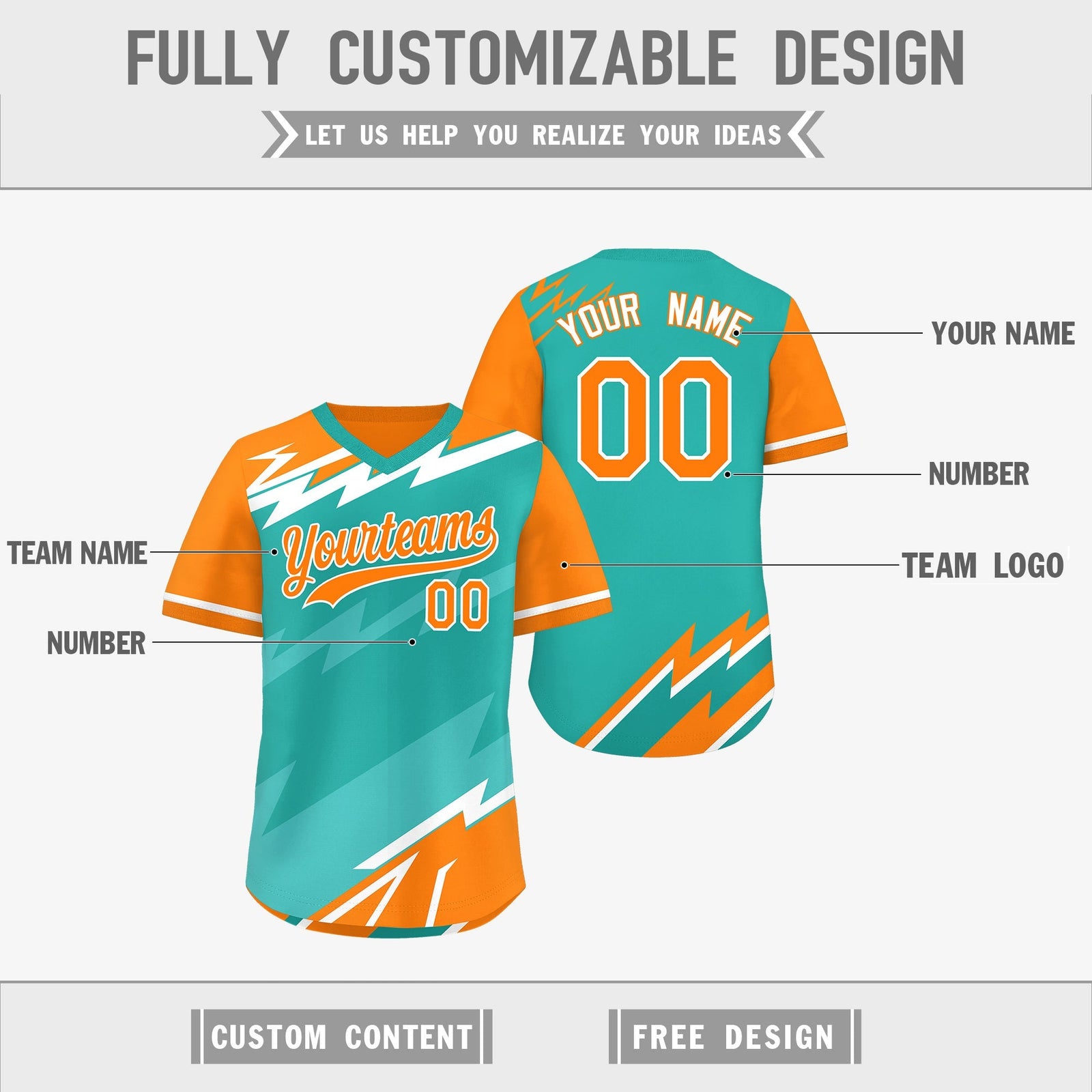 Custom Aqua Orange Teal Reversible Tops Lightning Pattern Graffiti Pattern Pullover V-Neck Baseball Jersey| KXKSHOP