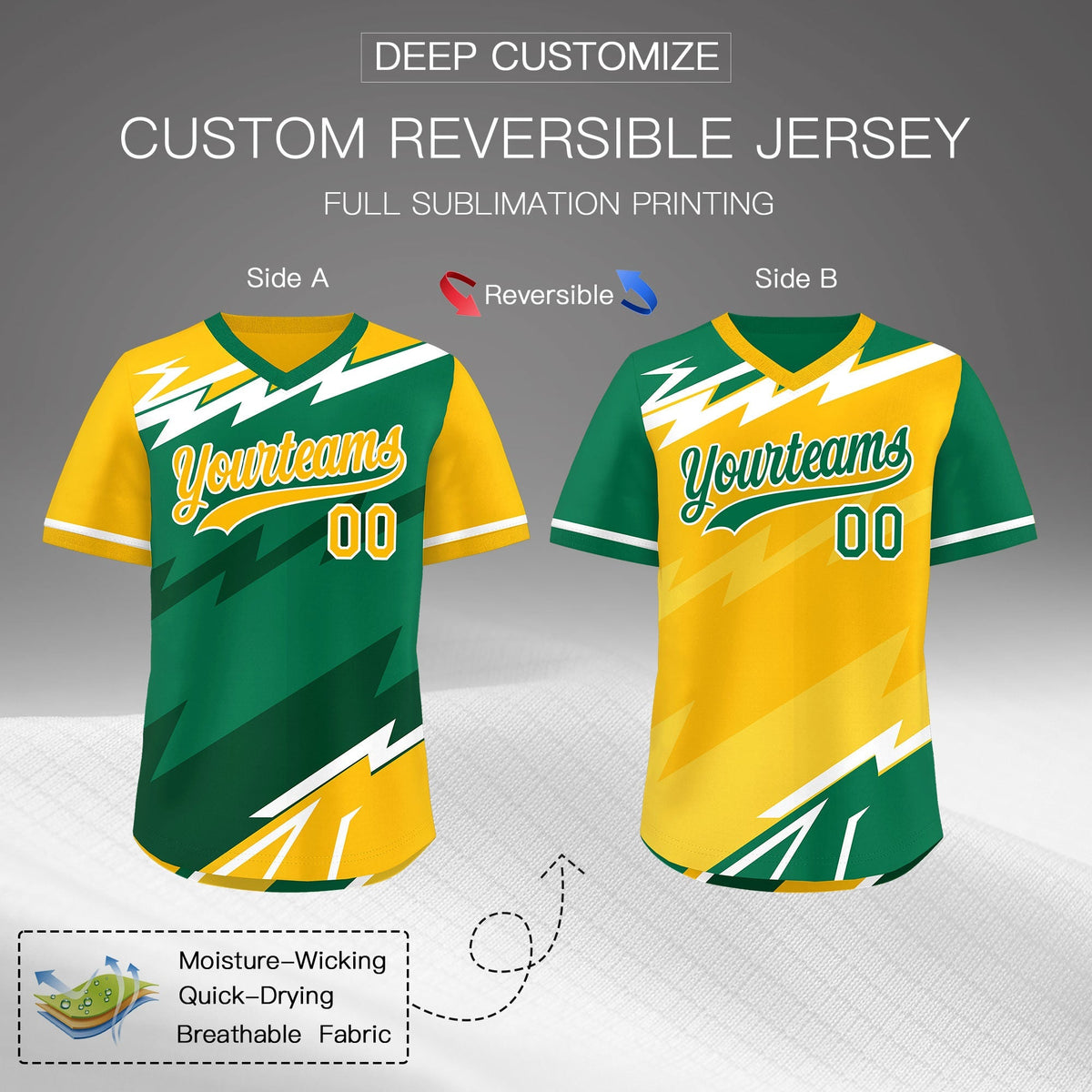 Custom Kelly Green Dark Green Yellow Reversible Tops Lightning Pattern Graffiti Pattern Pullover V-Neck Baseball Jersey| KXKSHOP