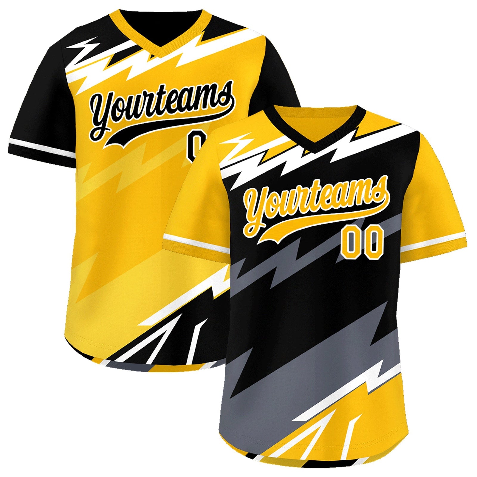 Custom Black Yellow Gray Reversible Tops Lightning Pattern Graffiti Pattern Pullover V-Neck Baseball Jersey| KXKSHOP