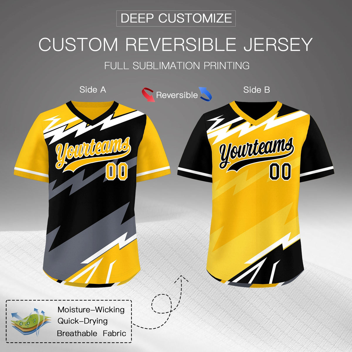Custom Black Yellow Gray Reversible Tops Lightning Pattern Graffiti Pattern Pullover V-Neck Baseball Jersey| KXKSHOP