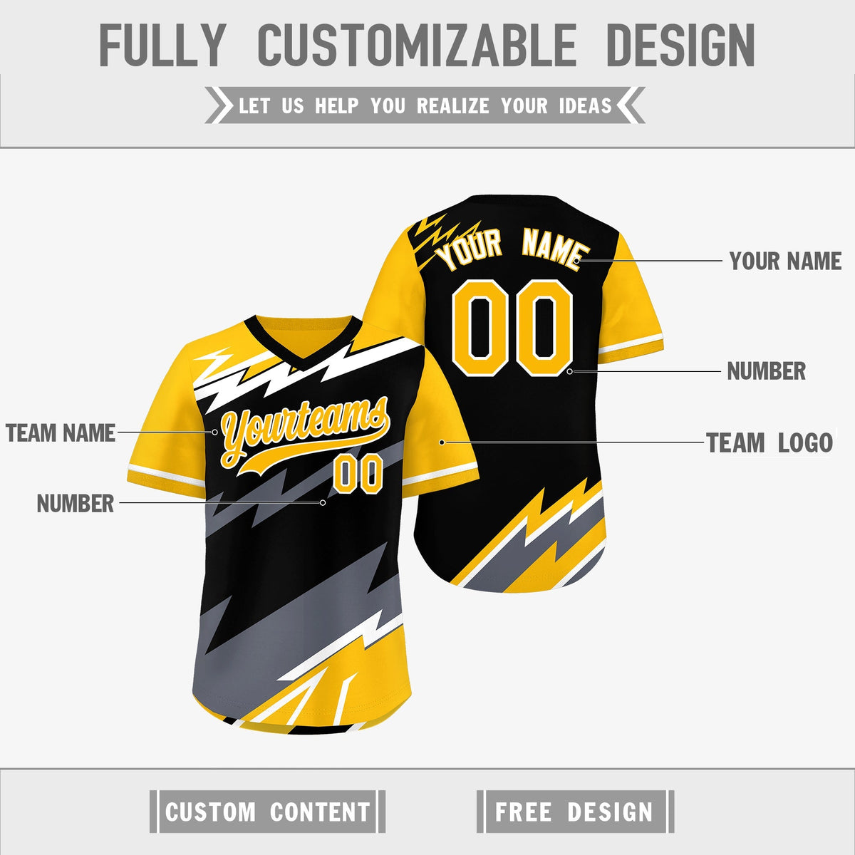 Custom Black Yellow Gray Reversible Tops Lightning Pattern Graffiti Pattern Pullover V-Neck Baseball Jersey| KXKSHOP
