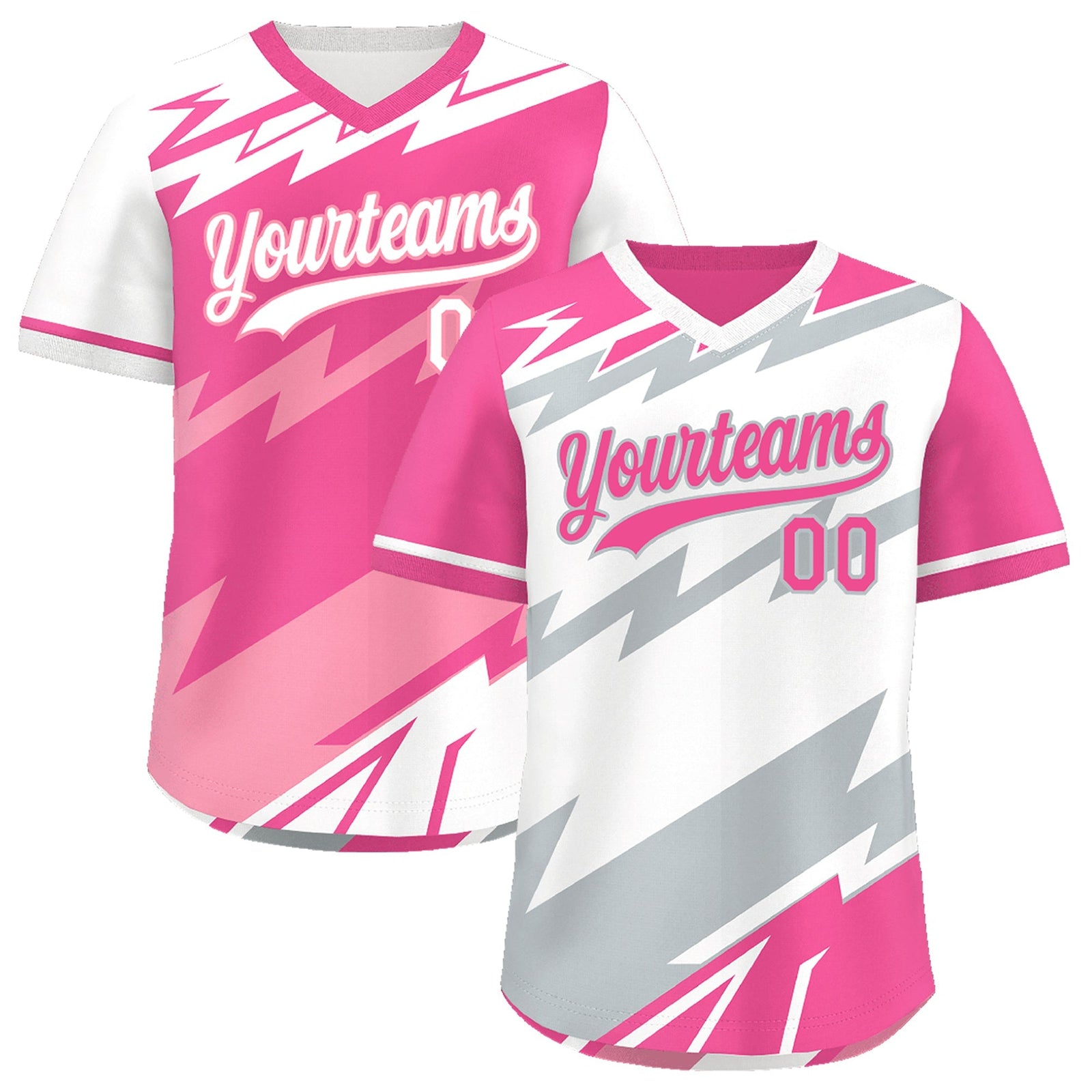 Custom White Pink Silver Reversible Tops Lightning Pattern Graffiti Pattern Pullover V-Neck Baseball Jersey| KXKSHOP
