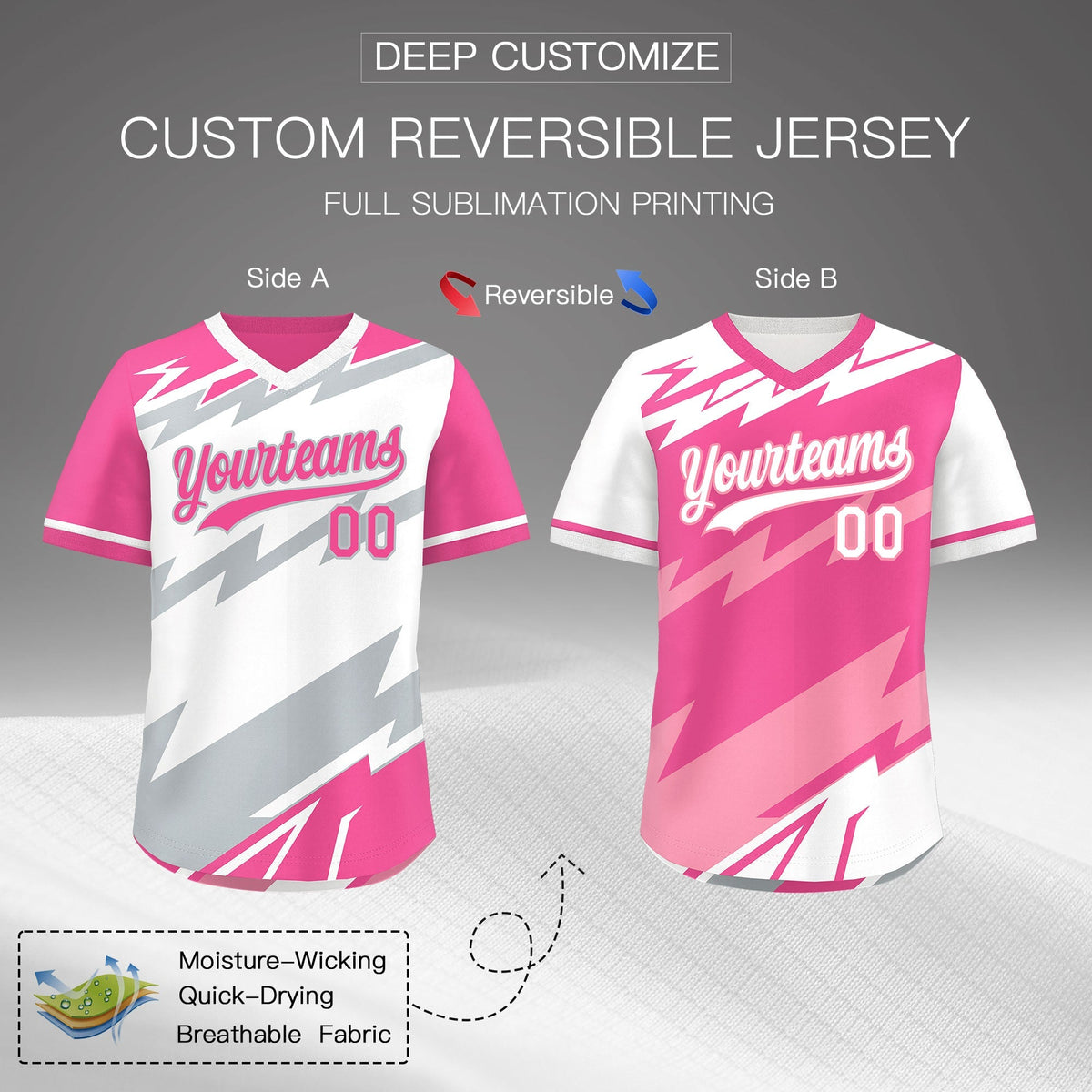 Custom White Pink Silver Reversible Tops Lightning Pattern Graffiti Pattern Pullover V-Neck Baseball Jersey| KXKSHOP