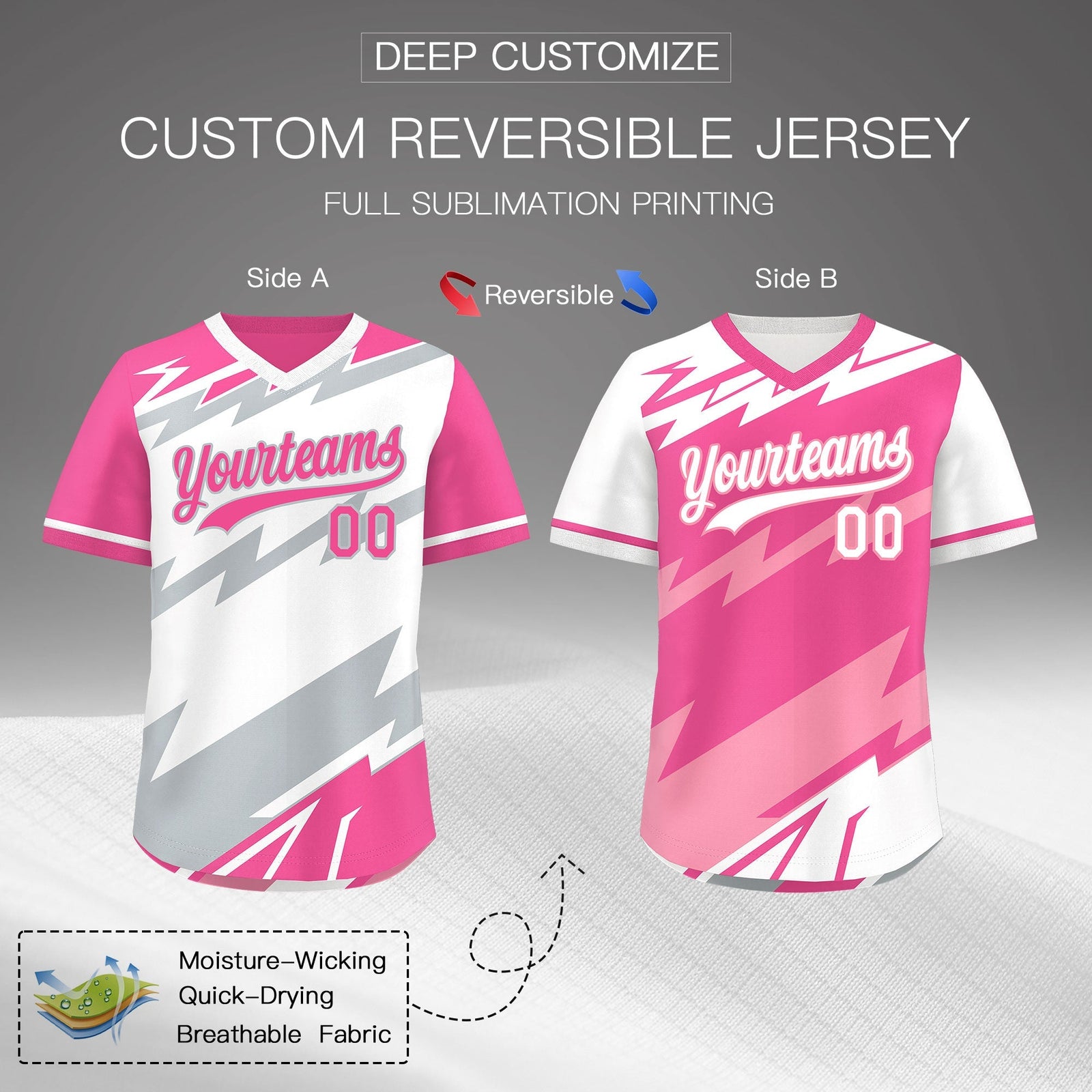 Custom White Pink Silver Reversible Tops Lightning Pattern Graffiti Pattern Pullover V-Neck Baseball Jersey| KXKSHOP