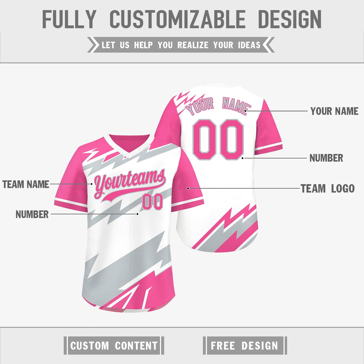Custom White Pink Silver Reversible Tops Lightning Pattern Graffiti Pattern Pullover V-Neck Baseball Jersey| KXKSHOP