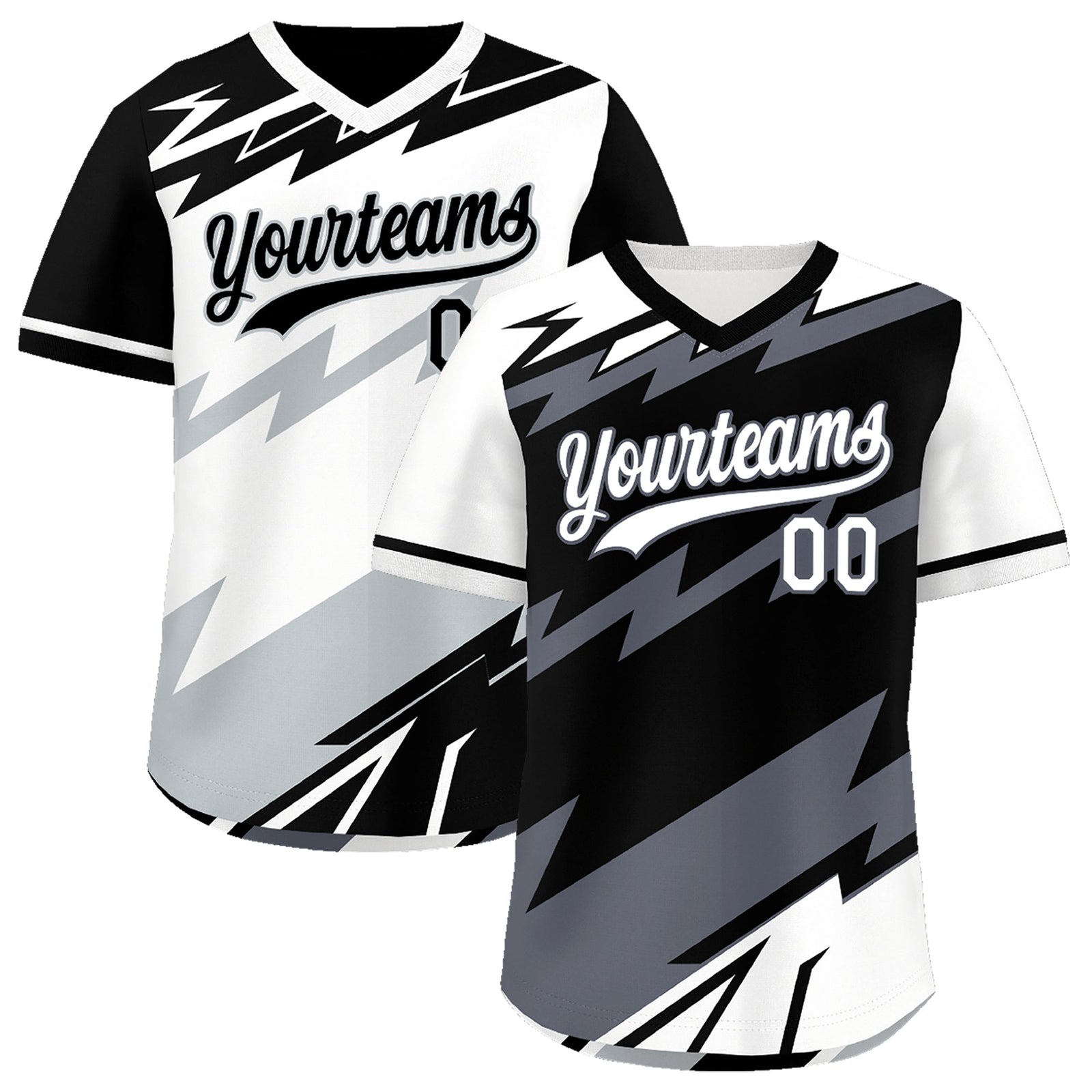 Custom Black White Gray Reversible Tops Lightning Pattern Graffiti Pattern Pullover V-Neck Baseball Jersey| KXKSHOP