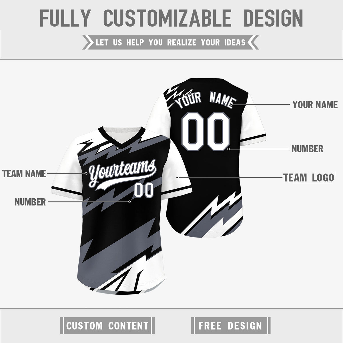 Custom Black White Gray Reversible Tops Lightning Pattern Graffiti Pattern Pullover V-Neck Baseball Jersey| KXKSHOP