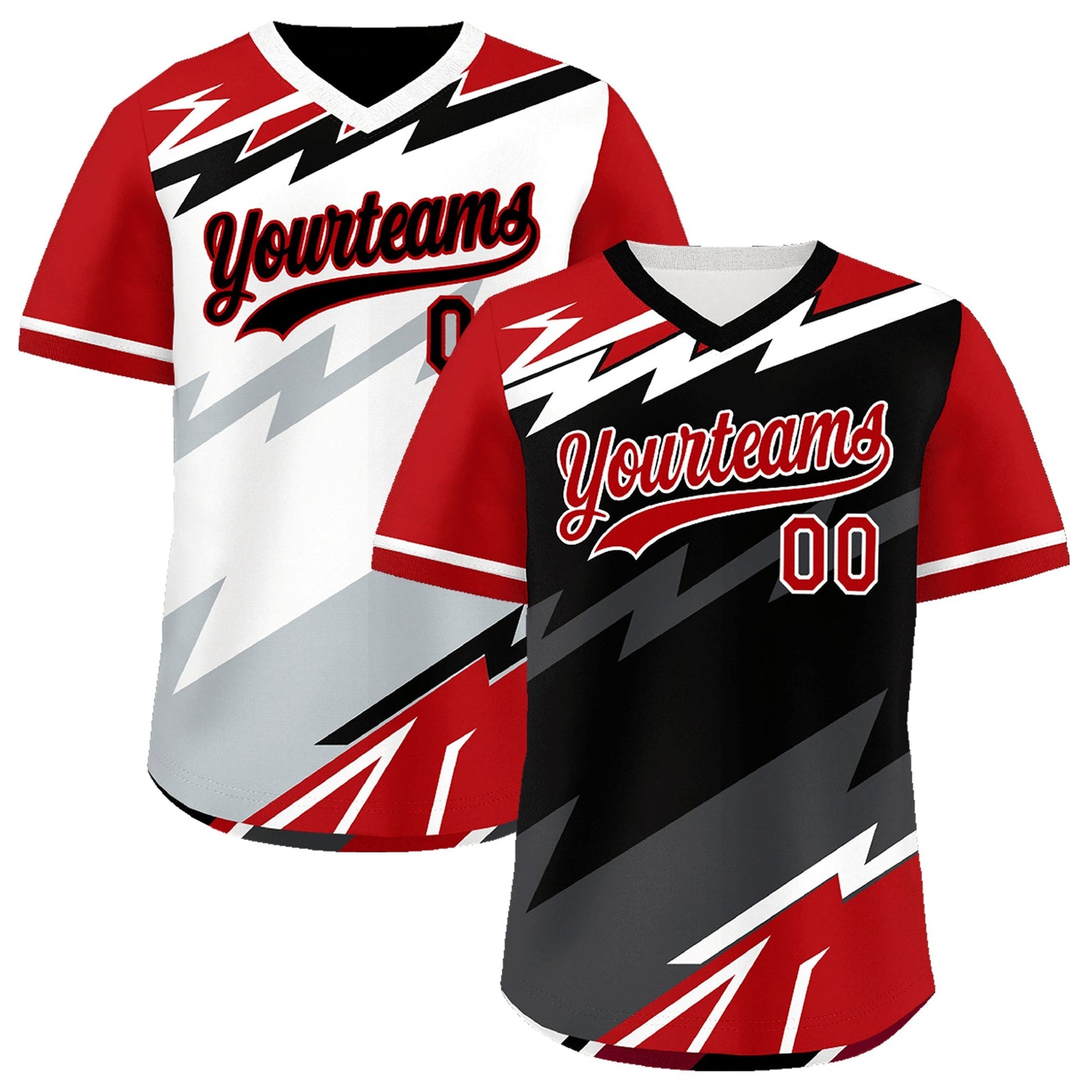 Custom Black White Red Reversible Tops Lightning Pattern Graffiti Pattern Pullover V-Neck Baseball Jersey| KXKSHOP