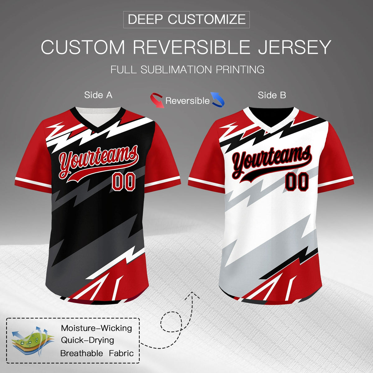 Custom Black White Red Reversible Tops Lightning Pattern Graffiti Pattern Pullover V-Neck Baseball Jersey| KXKSHOP