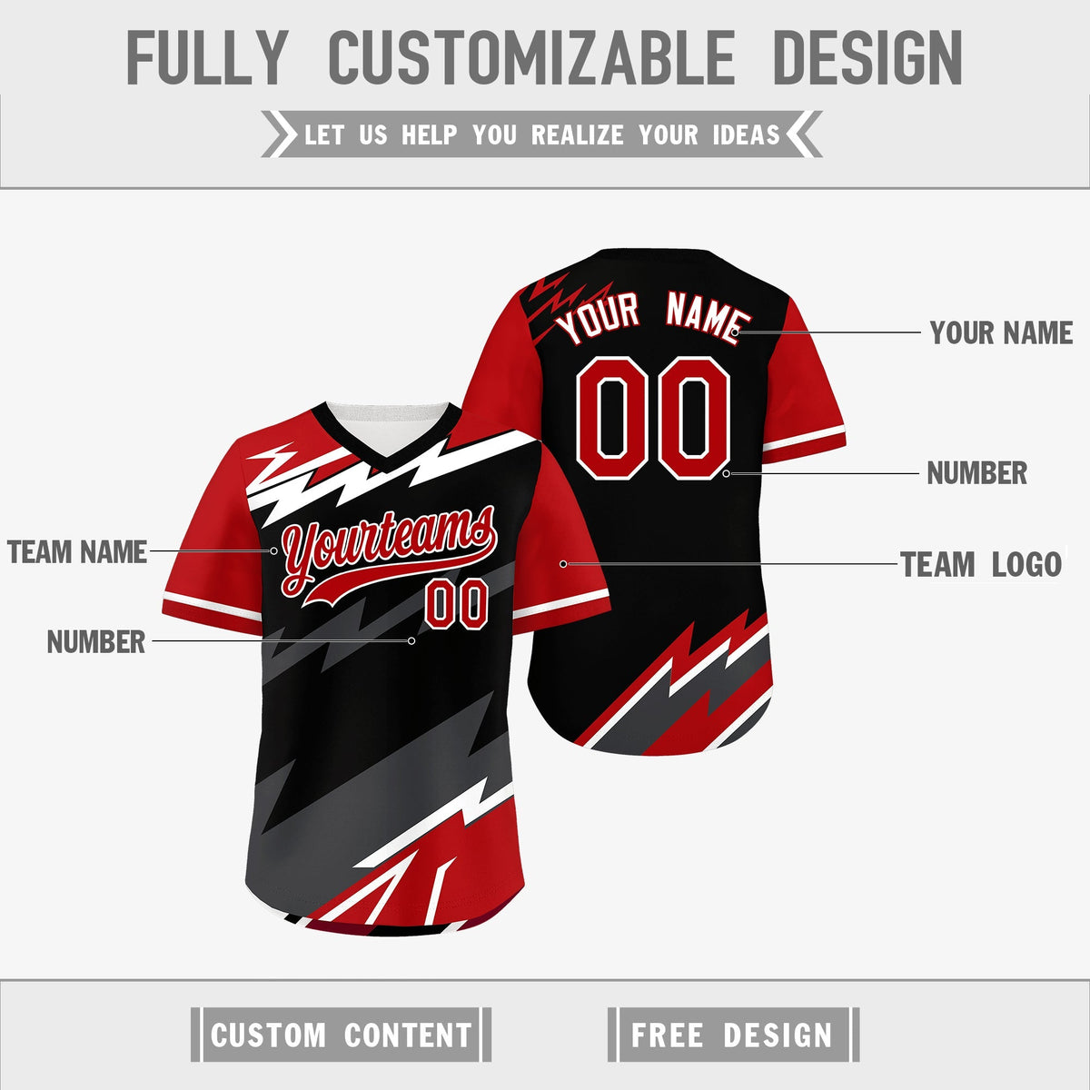 Custom Black White Red Reversible Tops Lightning Pattern Graffiti Pattern Pullover V-Neck Baseball Jersey| KXKSHOP