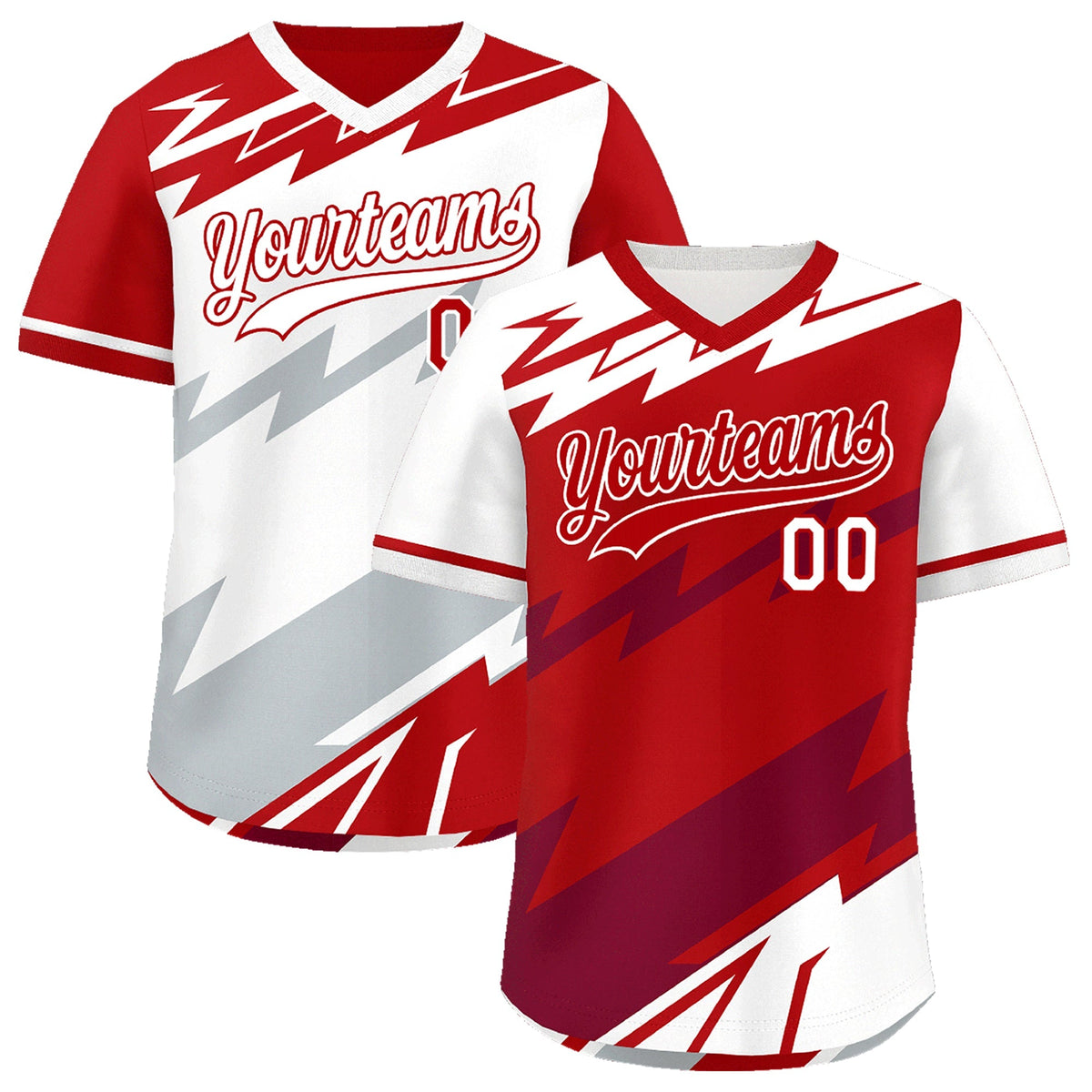 Custom Red White Crimson Reversible Tops Lightning Pattern Graffiti Pattern Pullover V-Neck Baseball Jersey| KXKSHOP