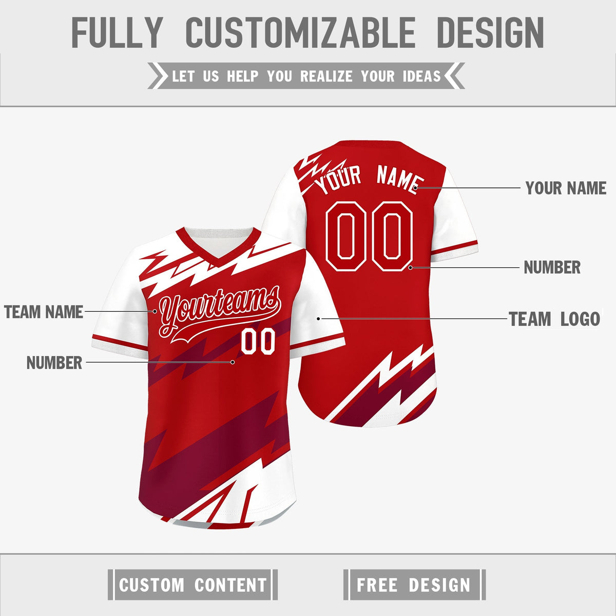 Custom Red White Crimson Reversible Tops Lightning Pattern Graffiti Pattern Pullover V-Neck Baseball Jersey| KXKSHOP