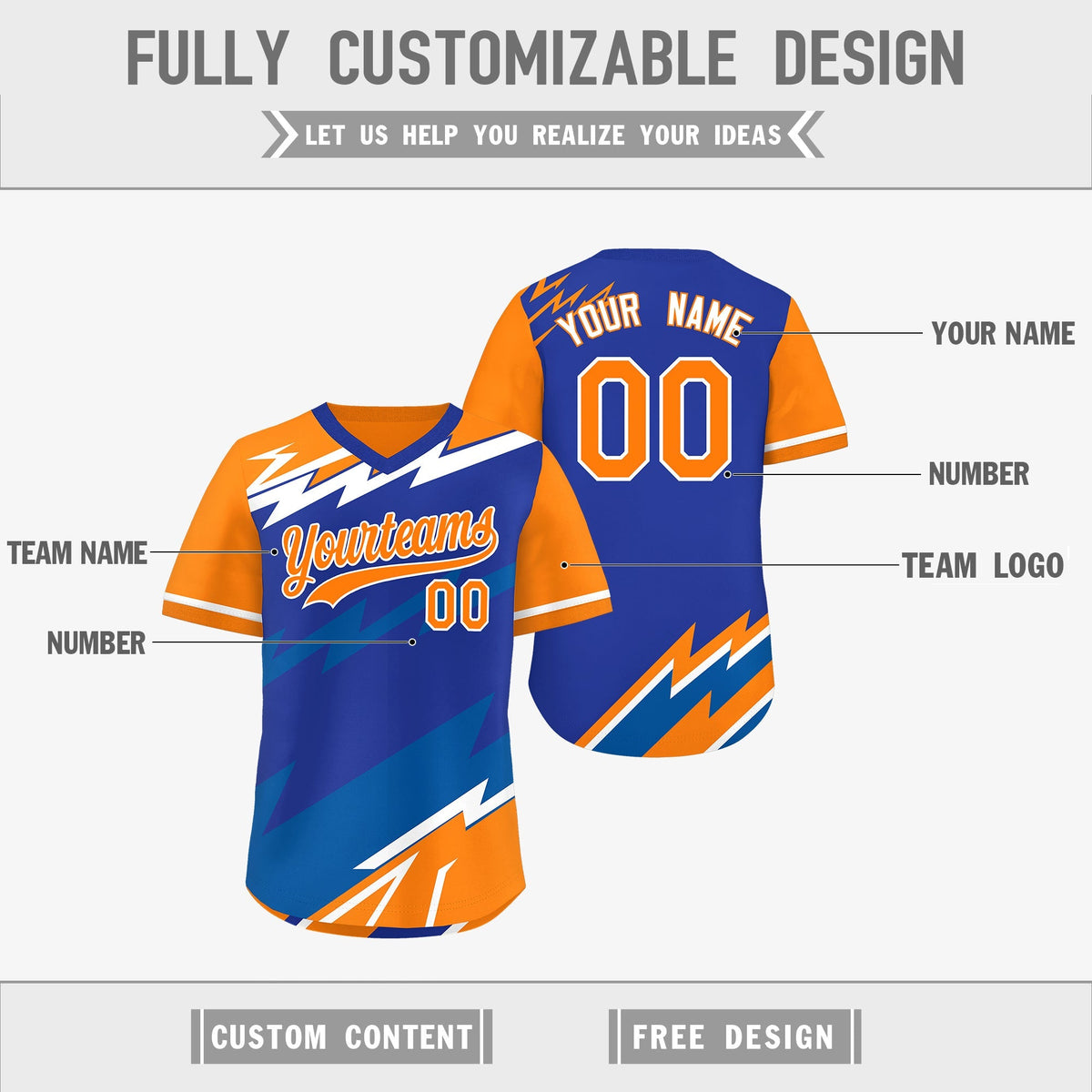 Custom Royal Blue Orange Royal Reversible Tops Lightning Pattern Graffiti Pattern Pullover V-Neck Baseball Jersey| KXKSHOP