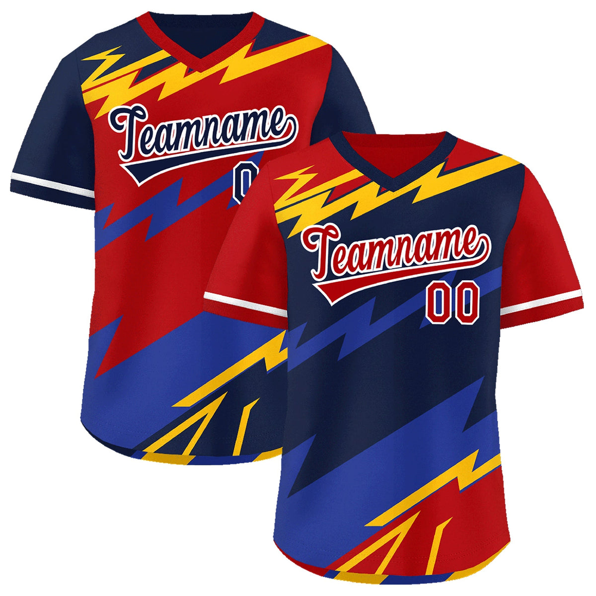 Custom Navy Red Yellow Reversible Tops Lightning Pattern Graffiti Pattern Pullover V-Neck Baseball Jersey| KXKSHOP