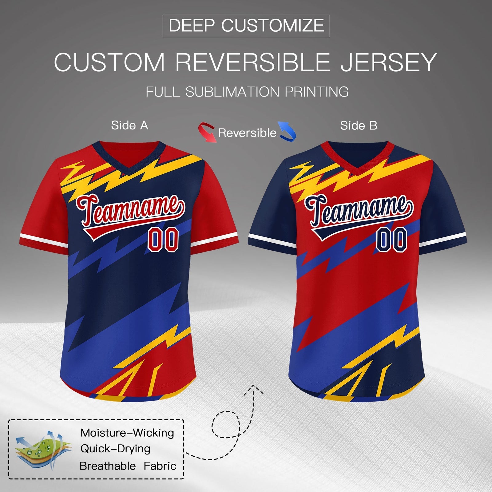 Custom Navy Red Yellow Reversible Tops Lightning Pattern Graffiti Pattern Pullover V-Neck Baseball Jersey| KXKSHOP