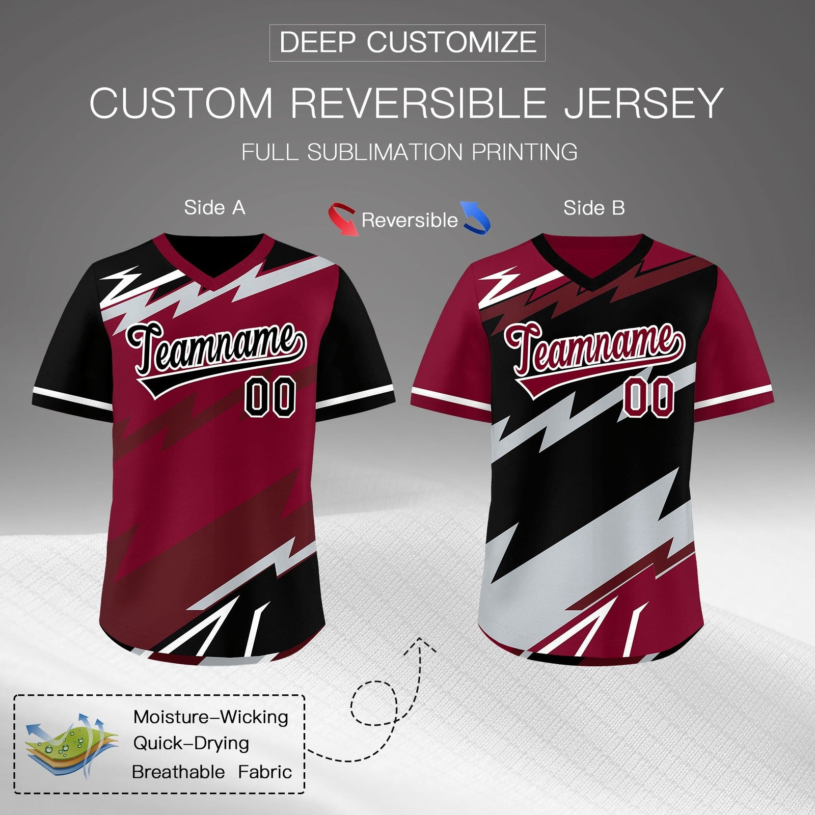 Custom Crimson Black Burgundy Reversible Tops Lightning Pattern Graffiti Pattern Pullover V-Neck Baseball Jersey| KXKSHOP