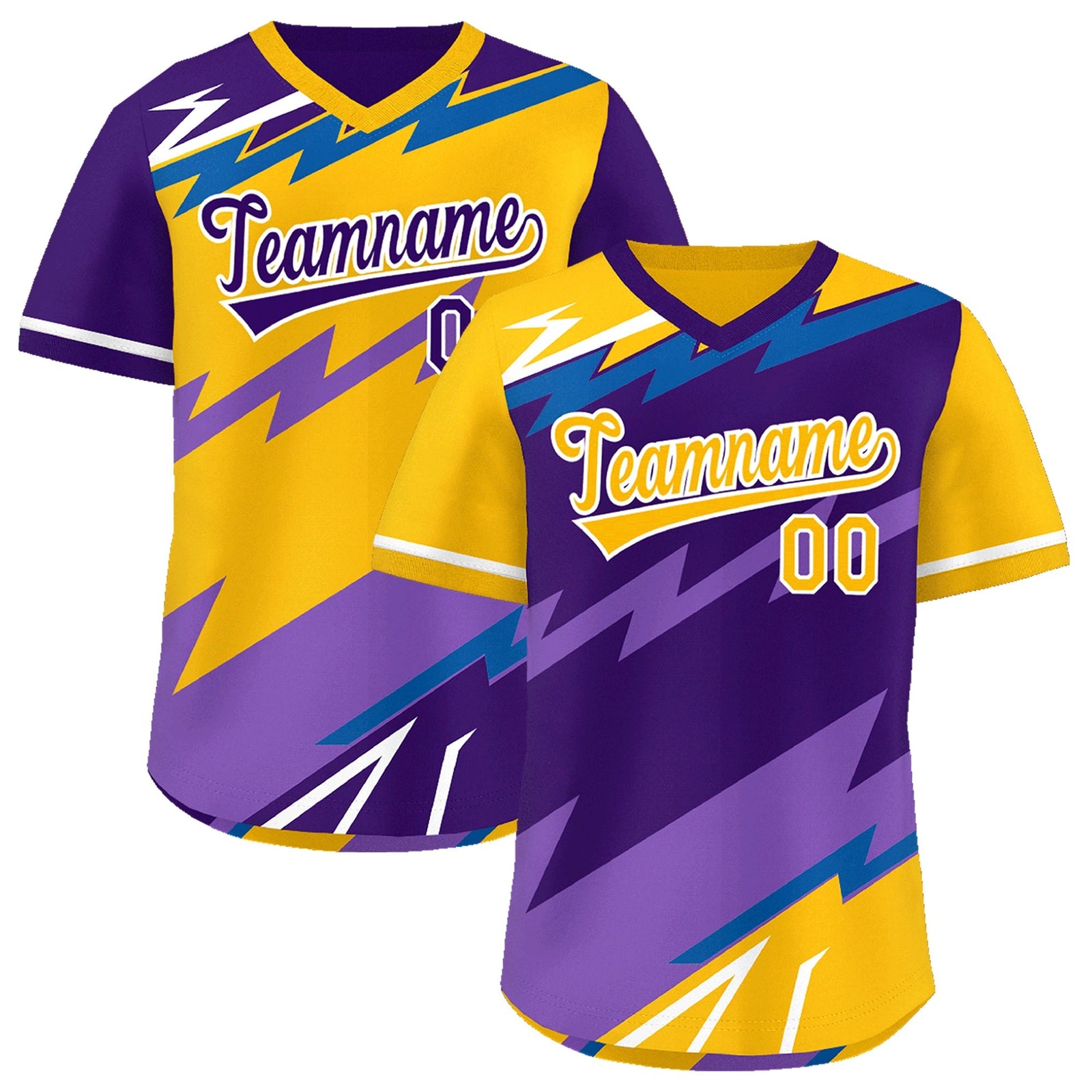 Custom Purple Royal Yellow Reversible Tops Lightning Pattern Graffiti Pattern Pullover V-Neck Baseball Jersey| KXKSHOP