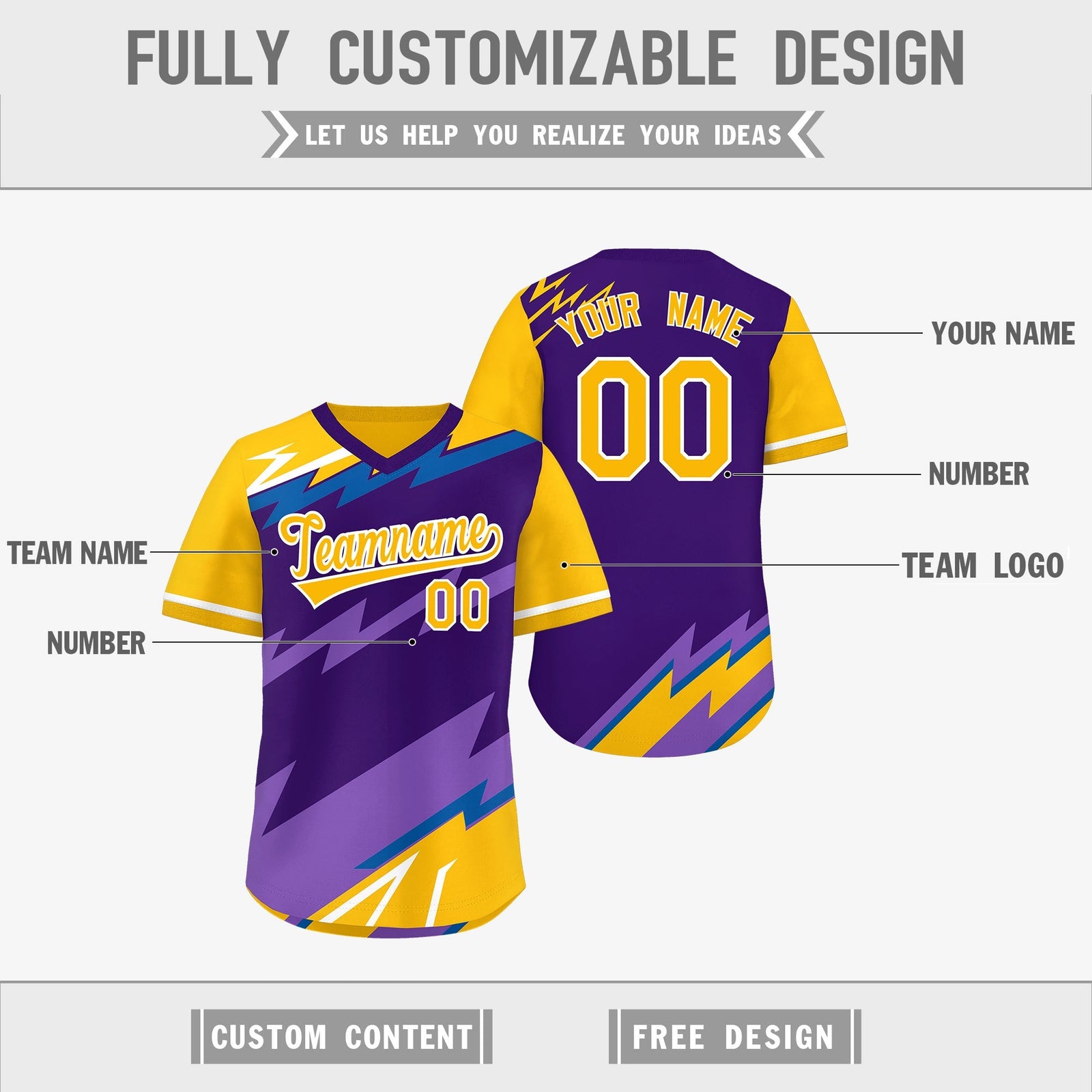 Custom Purple Royal Yellow Reversible Tops Lightning Pattern Graffiti Pattern Pullover V-Neck Baseball Jersey| KXKSHOP