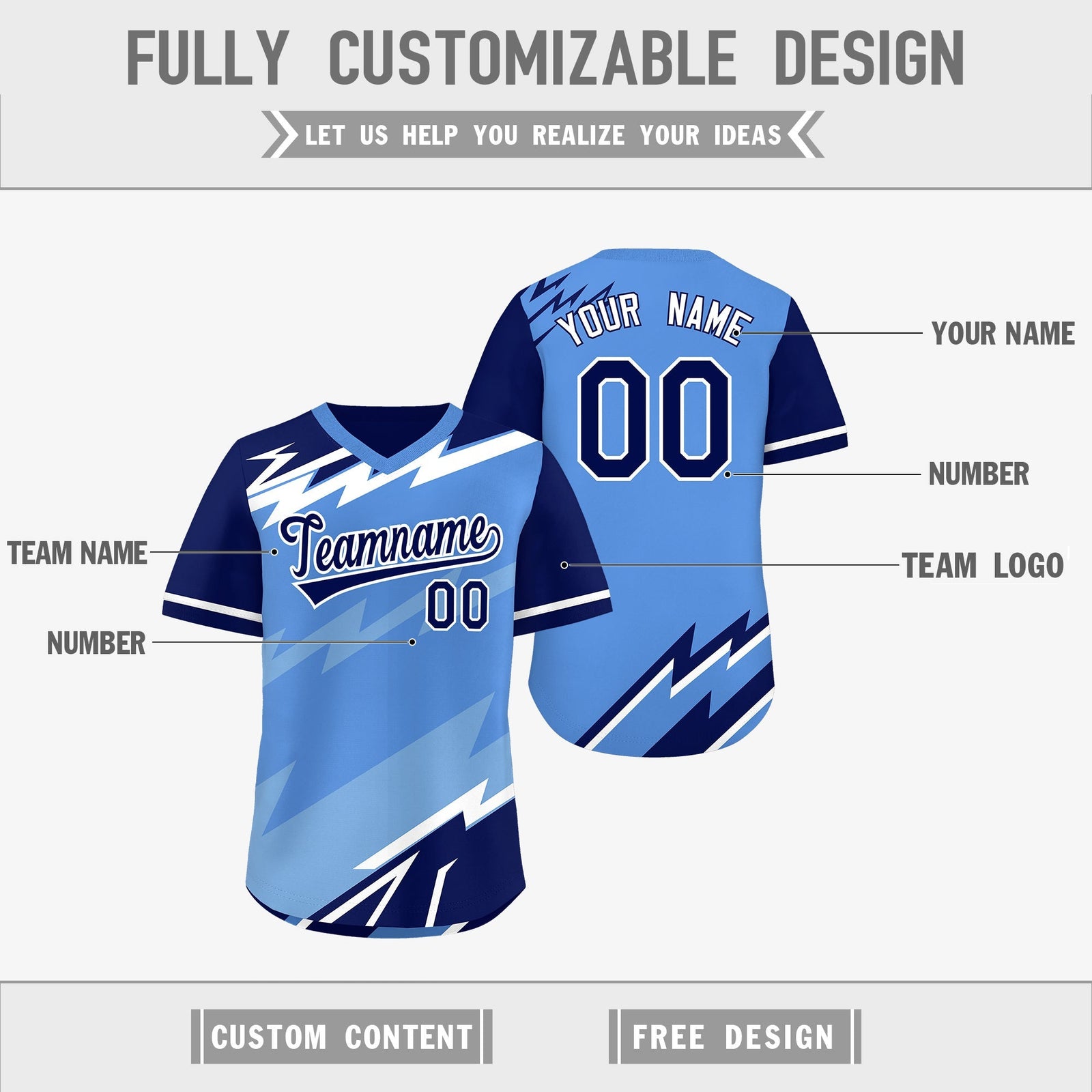 Custom Light Blue Powder Blue White Reversible Tops Lightning Pattern Graffiti Pattern Pullover V-Neck Baseball Jersey| KXKSHOP