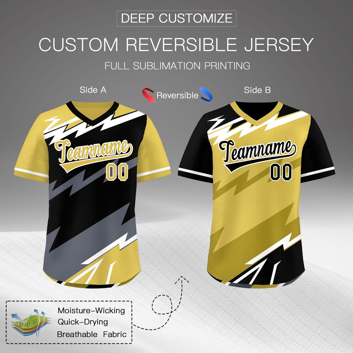 Custom Black Old Gold Gray Reversible Tops Lightning Pattern Graffiti Pattern Pullover V-Neck Baseball Jersey| KXKSHOP