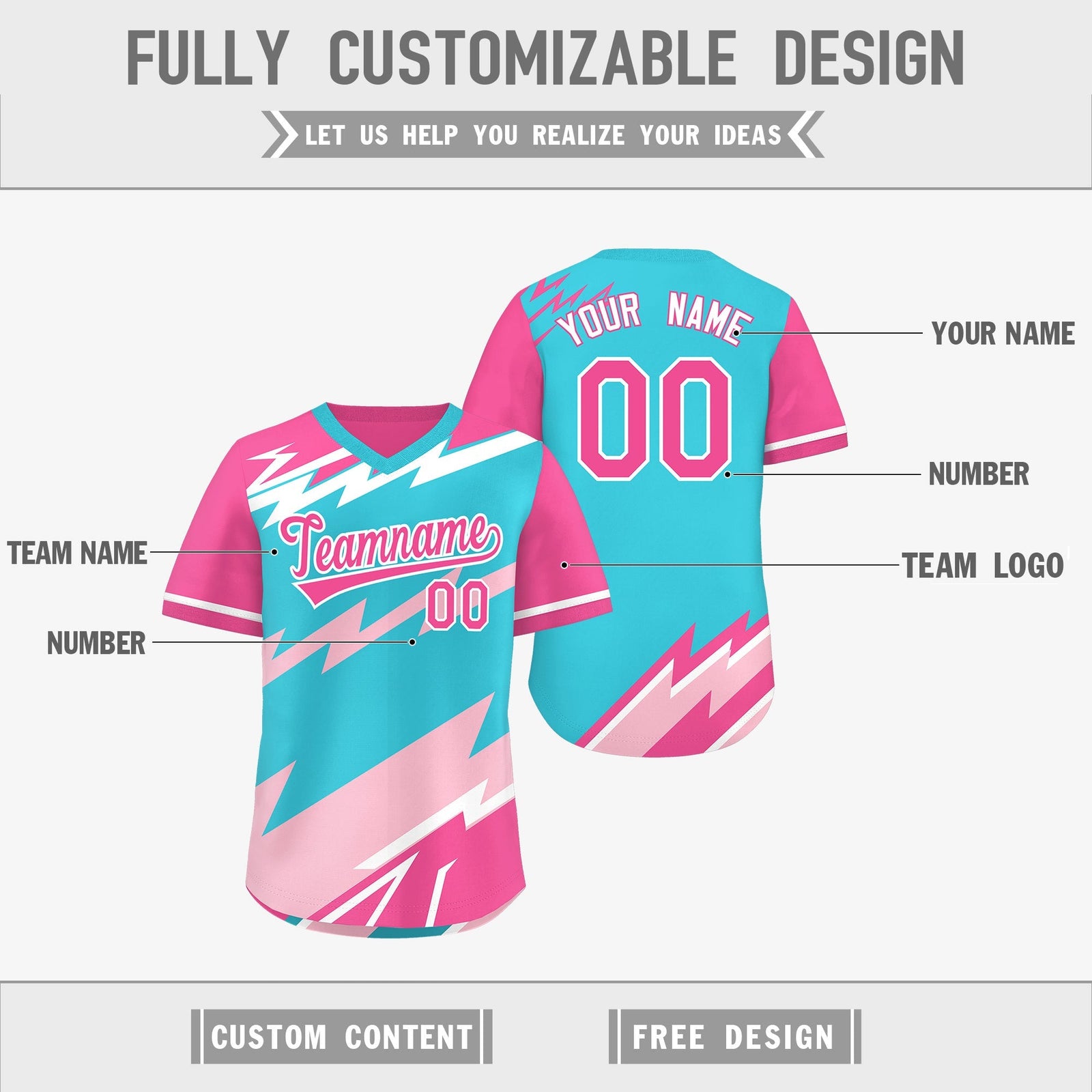 Custom Sky Blue Light Pink Pink Reversible Tops Lightning Pattern Graffiti Pattern Pullover V-Neck Baseball Jersey| KXKSHOP