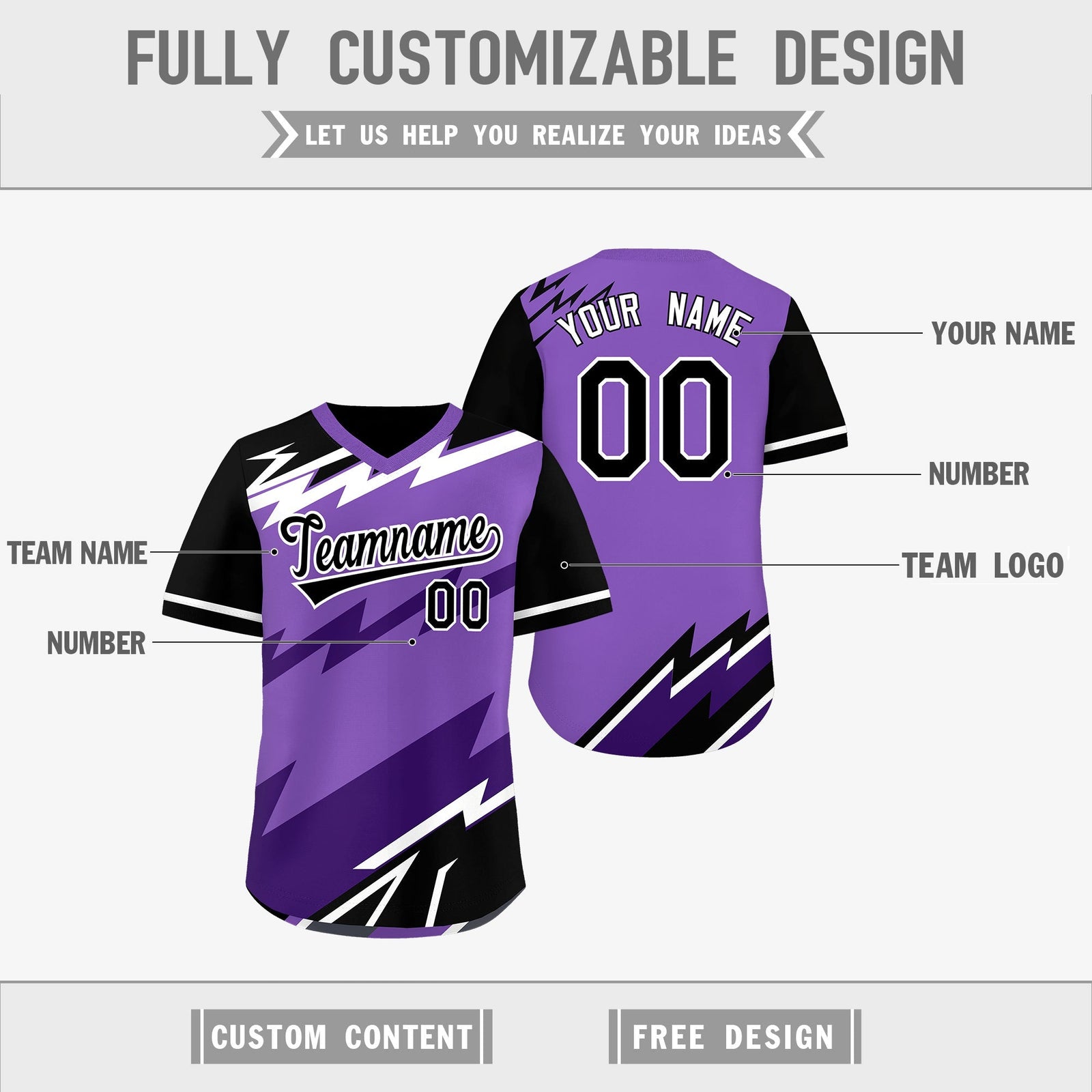 Custom Purple Black White Reversible Tops Lightning Pattern Graffiti Pattern Pullover V-Neck Baseball Jersey| KXKSHOP