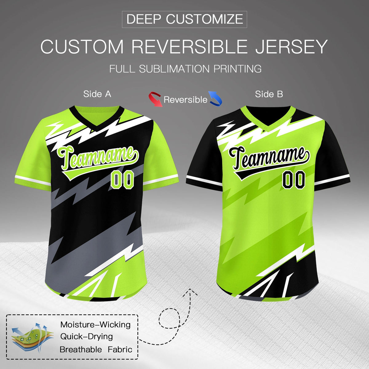 Custom Black Neon Green Gray Reversible Tops Lightning Pattern Graffiti Pattern Pullover V-Neck Baseball Jersey| KXKSHOP