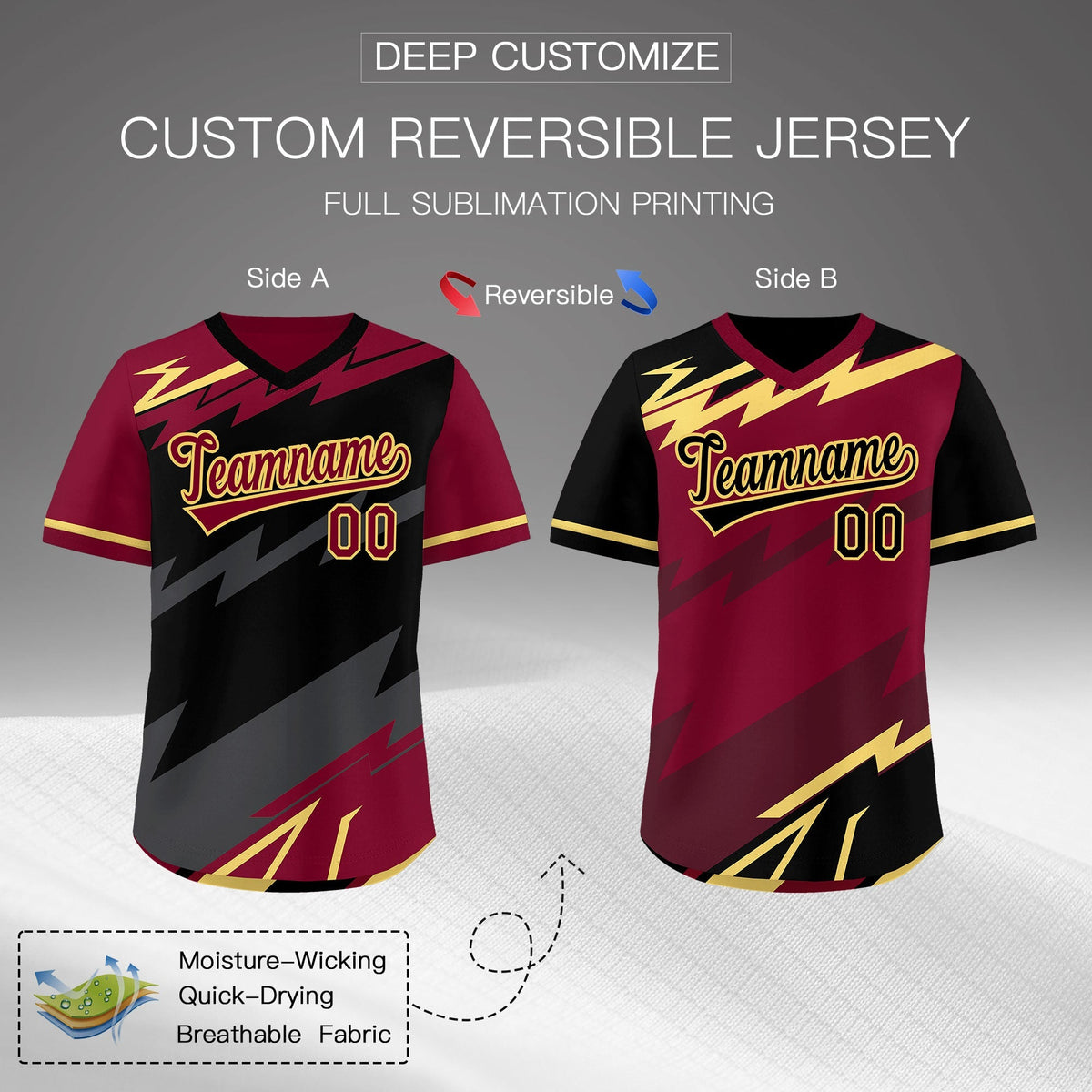 Custom Black Gray Crimson Reversible Tops Lightning Pattern Graffiti Pattern Pullover V-Neck Baseball Jersey| KXKSHOP