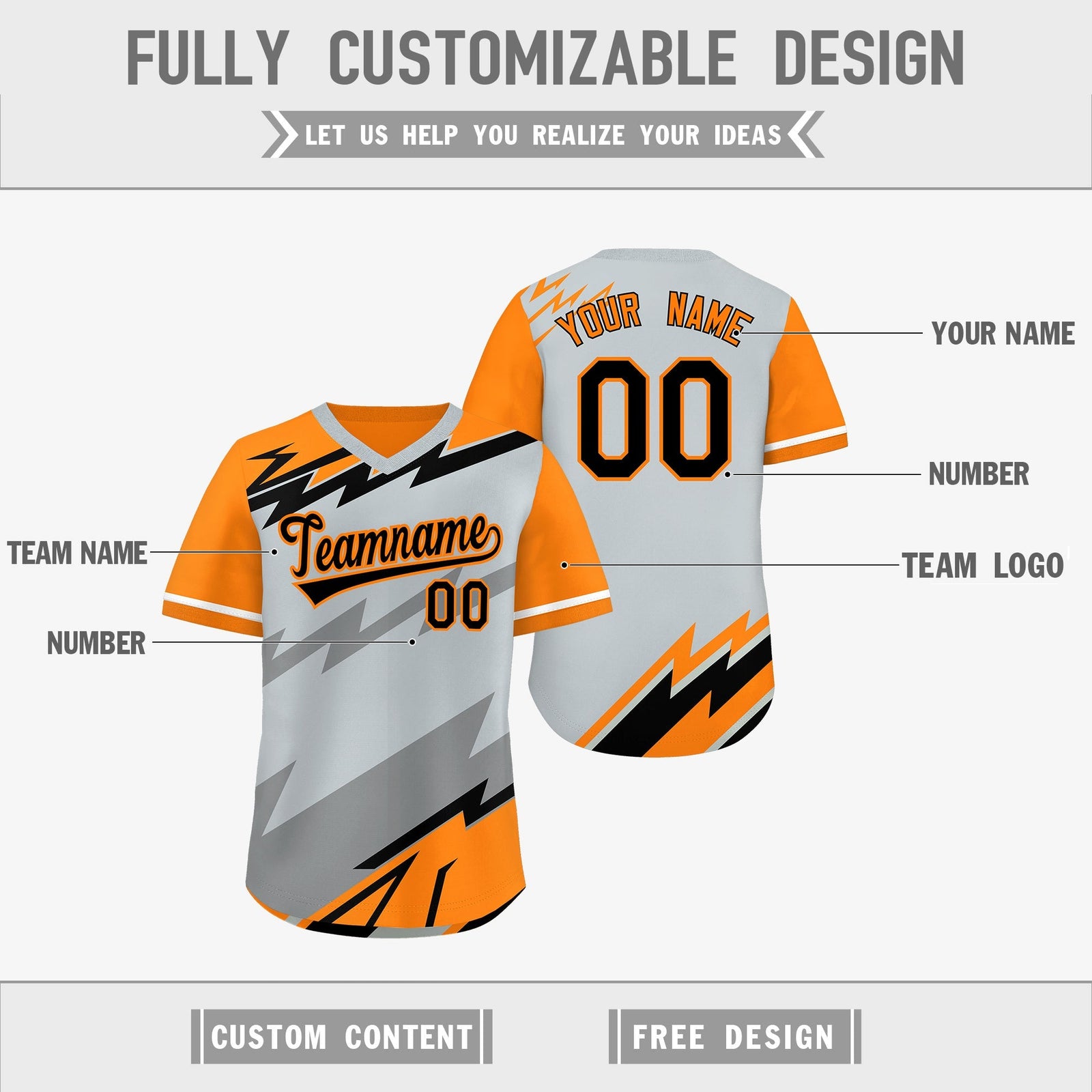 Custom Silver Orange Gray Reversible Tops Lightning Pattern Graffiti Pattern Pullover V-Neck Baseball Jersey| KXKSHOP