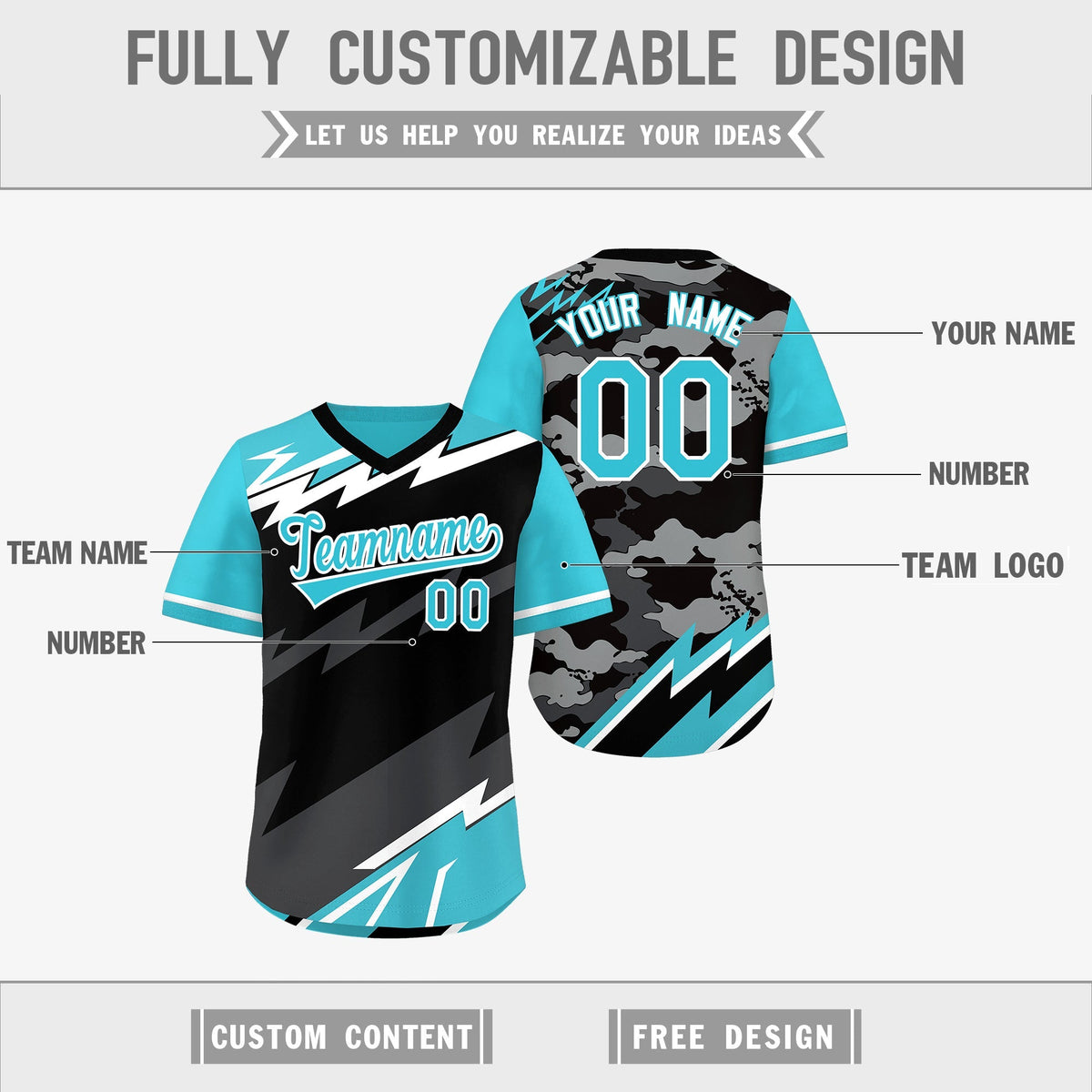 Custom Black Sky Blue Gray Reversible Tops Lightning Pattern Graffiti Pattern Pullover V-Neck Baseball Jersey| KXKSHOP